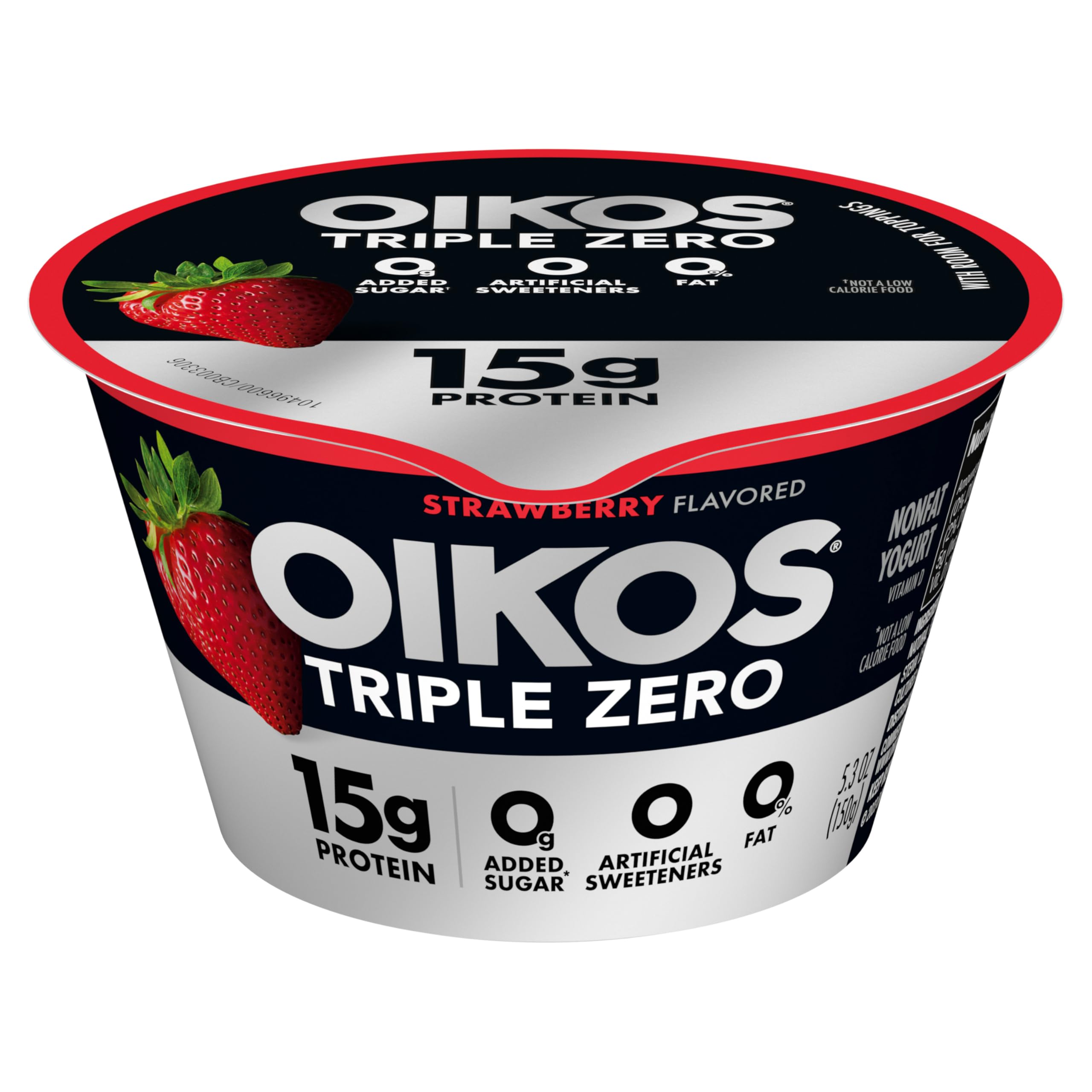 Oikos Triple Zero Strawberry Nonfat Greek Yogurt, 0% Fat, 0g Added Sugar and 0 Artificial Sweeteners, Just Delicious High Protein Yogurt, 5.3 OZ Cup