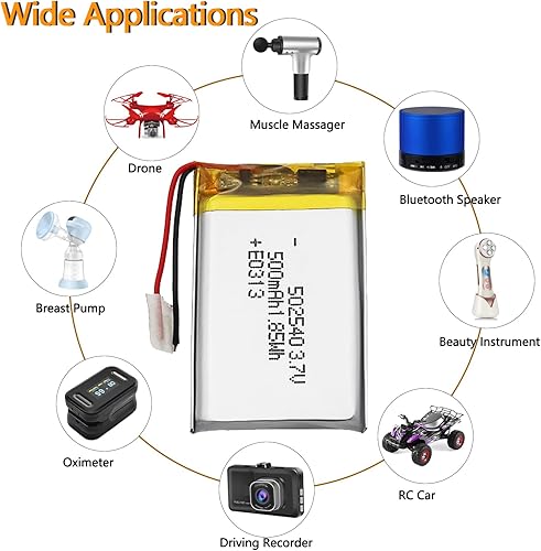 Miniatura 2 de Batería de polímero de litio 3.7 V 500 mAh 502540 Lipo recargable de iones de litio de repuesto para autos de juguete, drones, instrumentos de