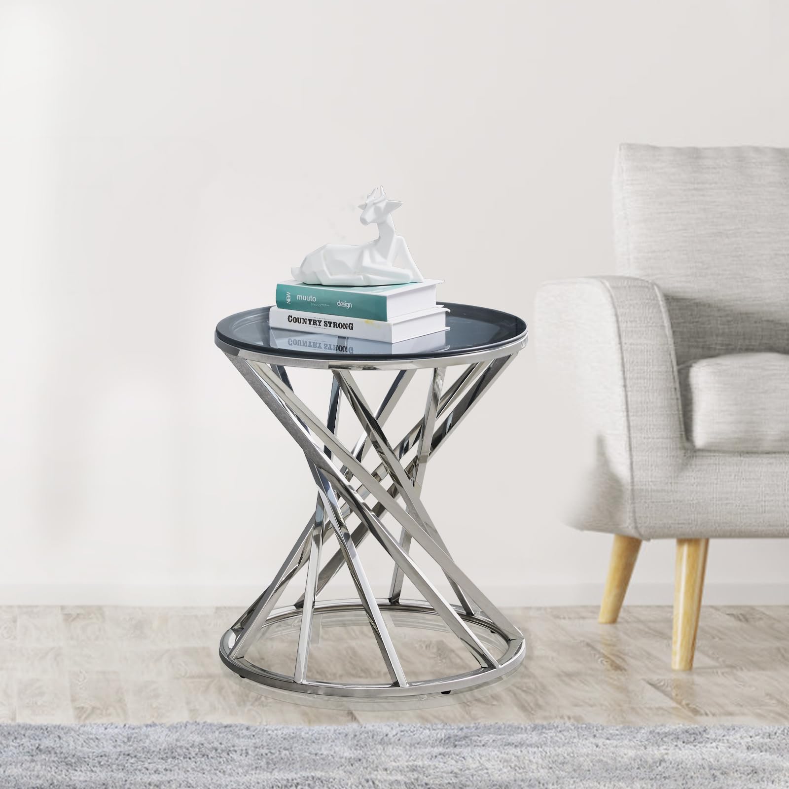 JaHECOME Round End Table Modern Design Coffee Table Sofa Side Table Stainless Steel with Light Grey Tempered Glass for Bedroom Living Room