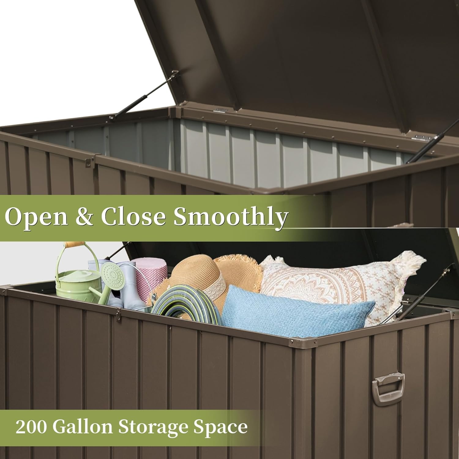 200 Gallon Outdoor Storage Deck Box with Hydraulic Lift Rods, Large Metal Patio Storage Bin with Lockable Lid & Side Handles for Outside Furniture Cushions, Pool Toys, Tools, Brown