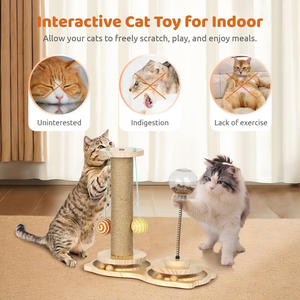 Double Wooden Cat Ball Track with Cat Scratching Post and Interactive Cat Feeder Ball, Teasing Stick Playing Set, Interactive Treat Toy Kit for Indoor Exercise and Playing, 15''x14.2''