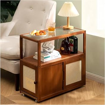 KAMPCO Narrow Side Table with Storage Space and Door, Farmhouse End Table Bedroom, Solid Wood Nightstand for Living Room, Small Spaces, 67 x 30 x 62 cm, Brown