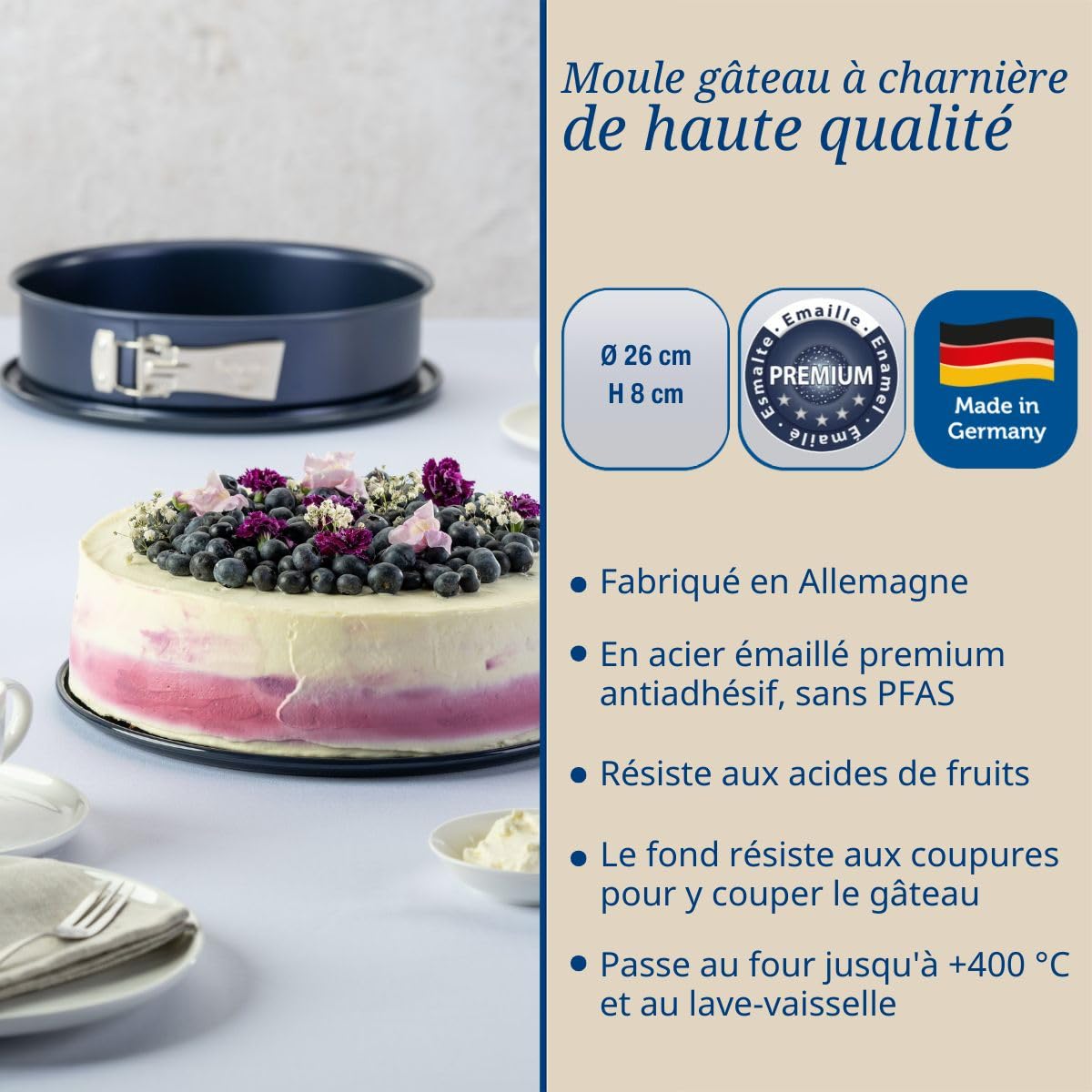 Dr.Oetker 1100 Moule à manqué à charnière de 26 cm étanche, Moule à charnière Fond en émail renforcé, Acier, Email, Bleu, 26 cm