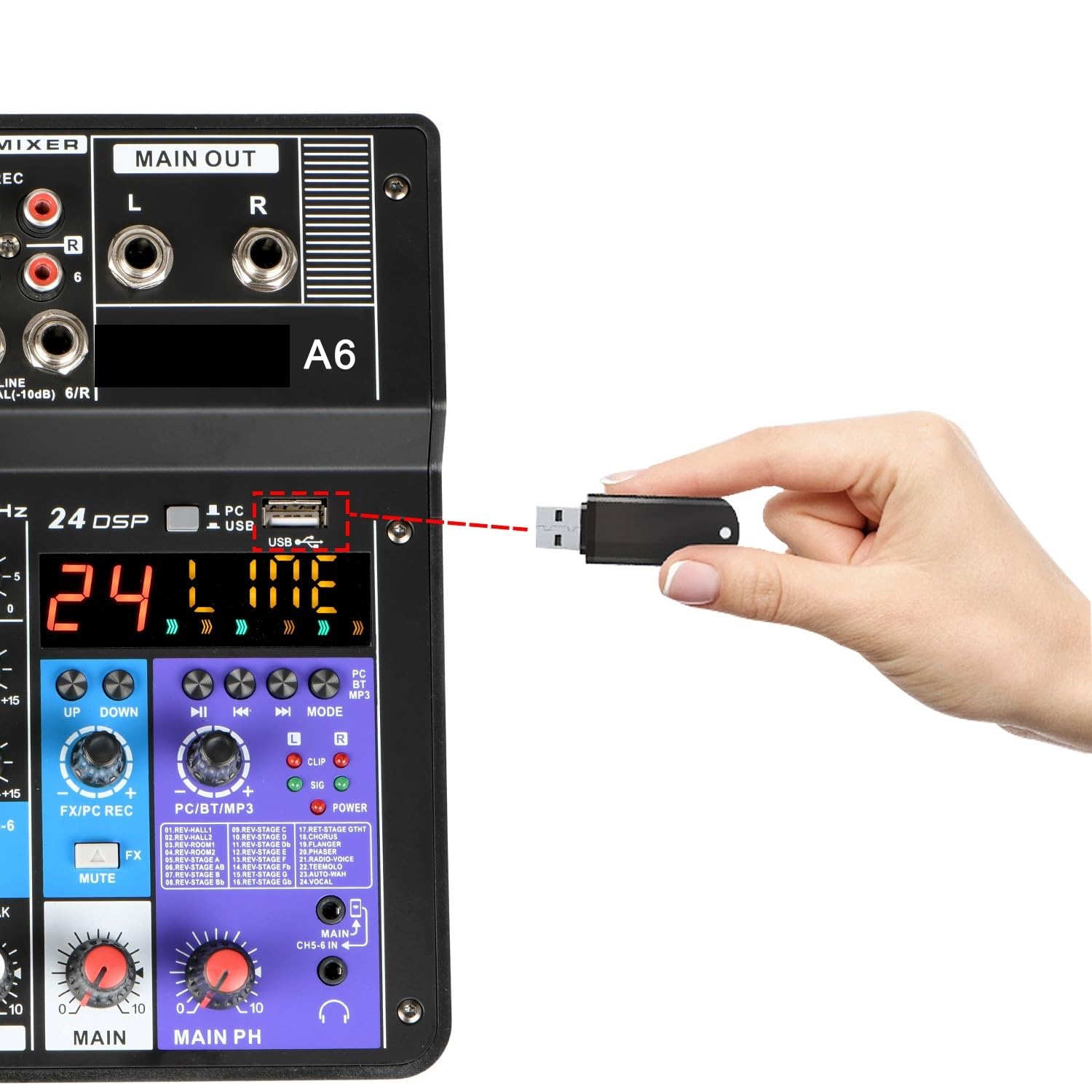 Mikser dźwięku, 6-kanałowy mikser audio 48 V 24 efekty DSP Wejście USB Bluetooth 3,5 mm