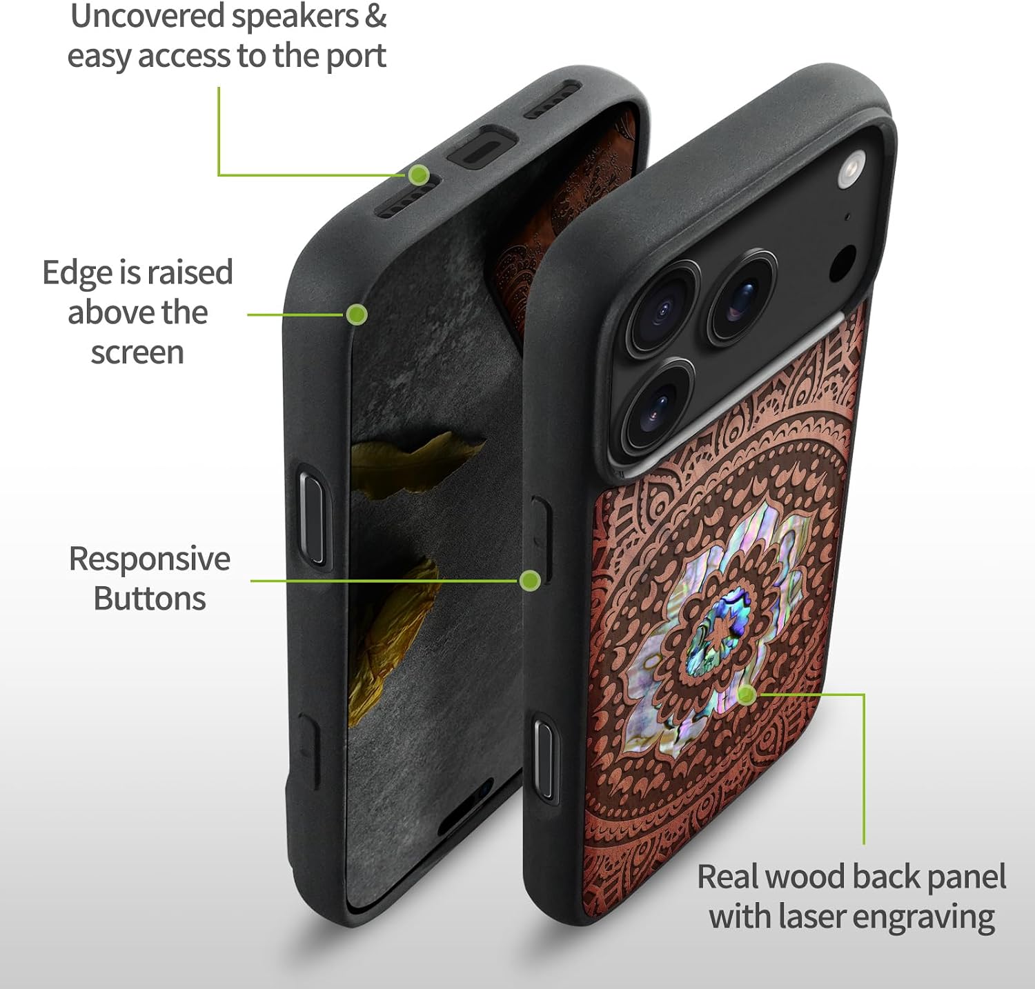 Carveit Magnetic Case for iPhone 17 Pro Case, Wood Artisan Engraved & Handmade Shell Inlaid, TPU Shockproof Cover, Compatible with MagSafe Wireless Chargers (Mandala Pattern-Rosy)