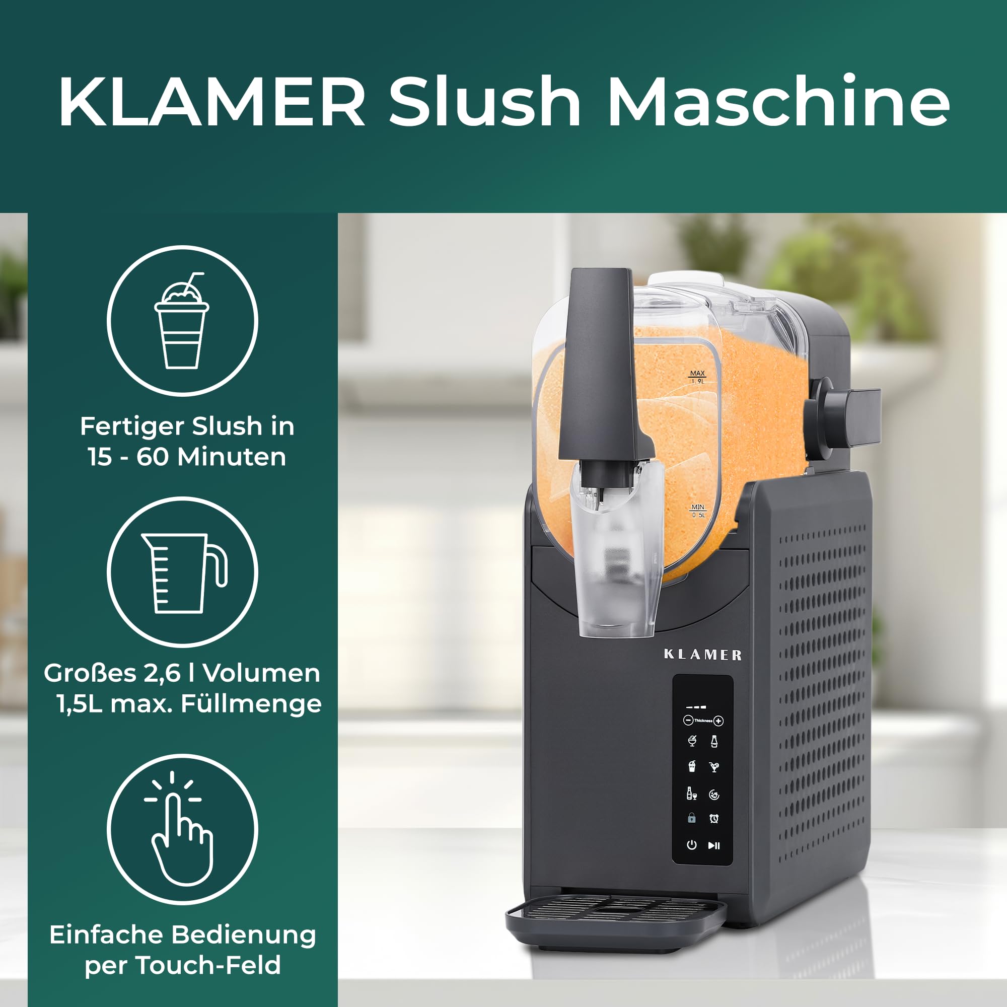 KLAMER Slush Maschine 2,6L mit 5 Programmen Turbo Freeze digitales Rezeptbuch