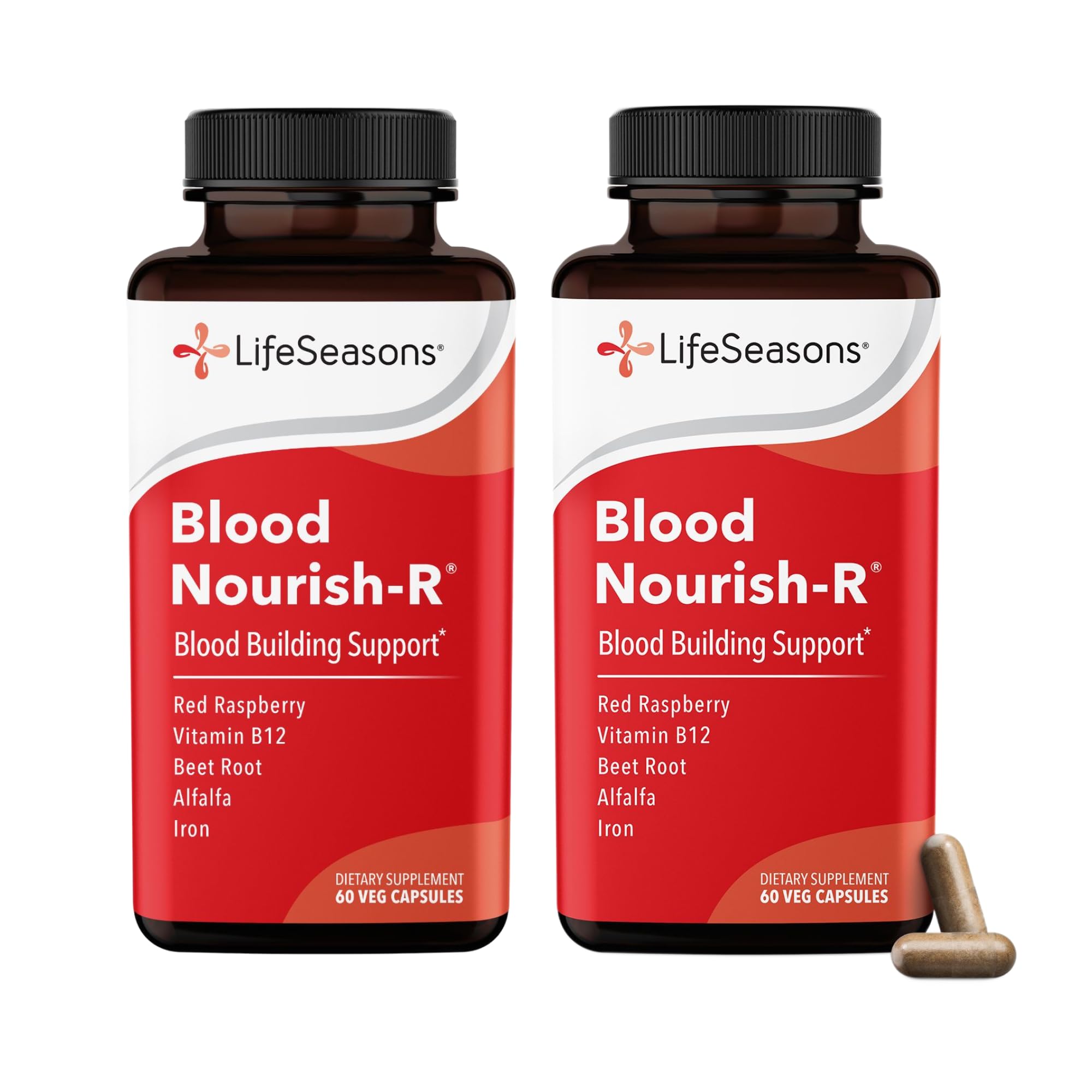 LifeSeasons Blood Nourish-R - Iron Supplement - Non Constipating - Supports Anemia, Fatigue, Paleness & Dizziness - Blood Building - Iron, Alfalfa, Raspberry & Vitamin B-12-60 Capsules (Pack of 2) 60 Count (Pack of 2)