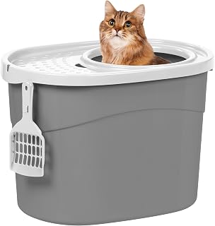 IRIS USA Top Entry Cat Litter Box Large Enclosed Dog Proof with Litter Catching Lid Scoop Gray White