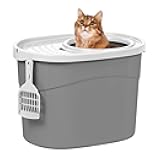 IRIS USA Top Entry Cat Litter Box, Large Enclosed with Litter Catching Lid and Scoop, Dog Proof, Cat Litter Box, Gray/White