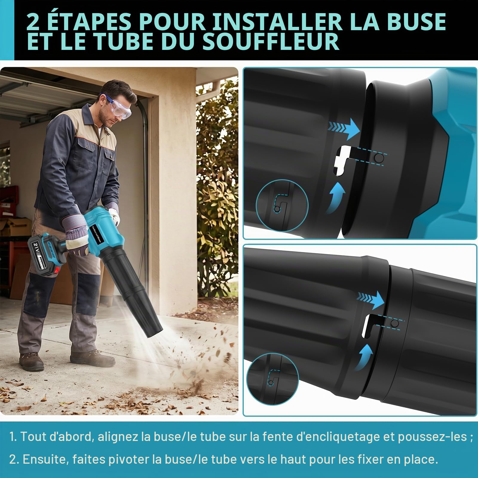 Souffleur Batterie avec 2 Batteries 4,0 Ah, 21V Souffleur de Feuilles sans Fil 65 m/s, Moteur Brushless 800,000 TR/Min, 2 Buses, Réglage Variable, pour Jardin, Terrasse, Voiture (Bleu)