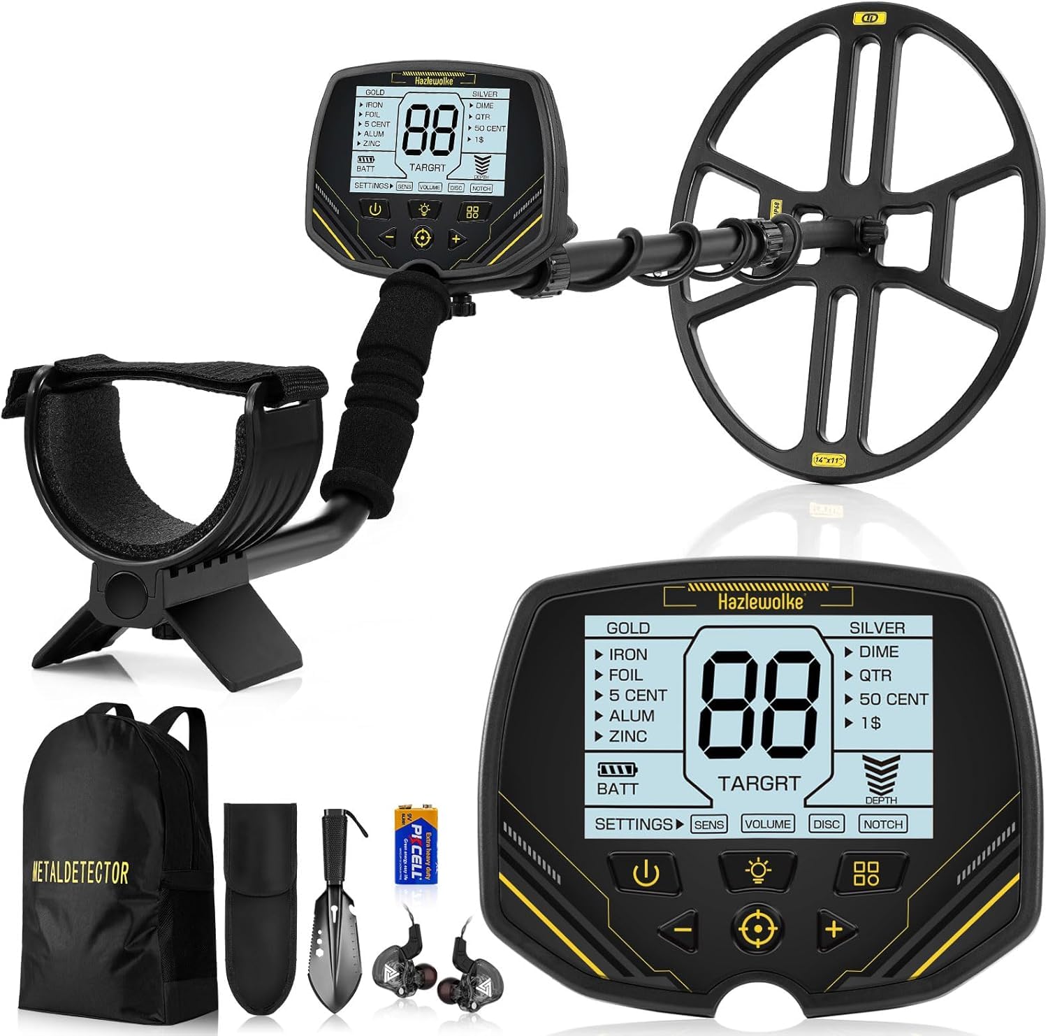 Hazlewolke Professional Metal Detector with 14 Inch Waterproof DD Search Coil, Metal Detector with 4 Modes, High Sensitivity and Pinpoint Mode, Gold Detector for Adults with Illuminated LCD Display