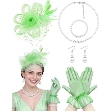 1920s Vintage Fascinators Hat Set for Women Tea Party Hats Veil Mesh Feather Headband Lace Gloves Set