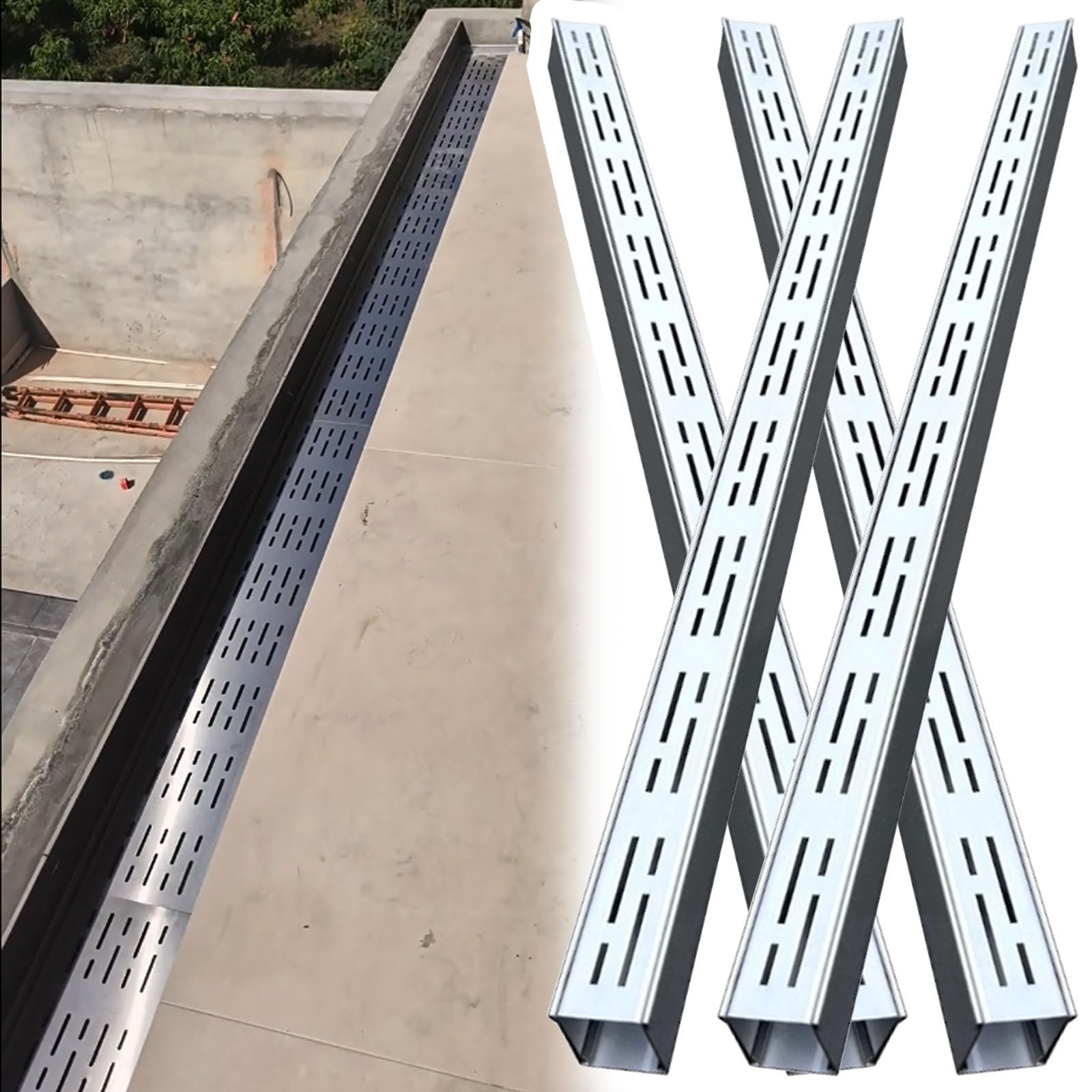 Generico Canale di drenaggio Profondo per vialetto - Sistema di drenaggio in Cemento Stretto da 1,98 m con Canale in Acciaio Inox, connettori angolari, canali di drenaggio rettangolari (4 Pezzi, 100x