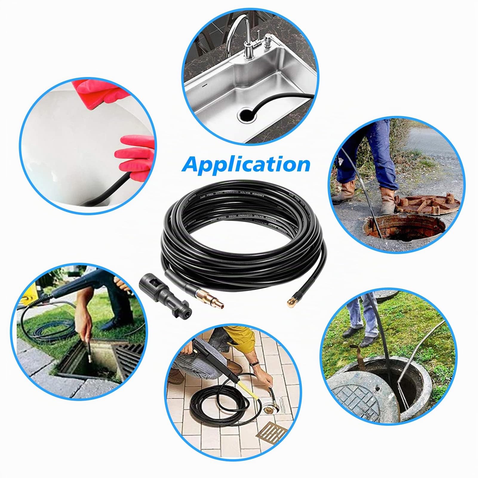YUET Tuyau Déboucheur de Canalisations 10M/33FT pour Nettoyeur Haute Pression Karcher K2 K3 K4 K5 K7 et Lavor, 3200 psi 220 Bar, Sonde de Débouchage Flexible Tuyau de Vidange avec Adaptateur