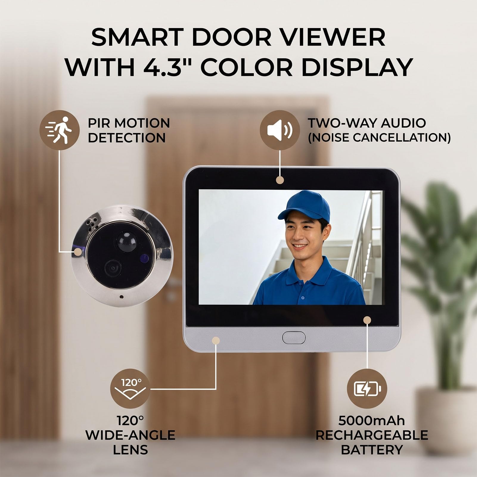 AMONIDA Timbre de Vídeo Inteligente 1080p para Seguridad de Puerta Principal Casa con Pantalla Color 4,3 Pulgadas,WiFi Conversación Bidireccional,áNgulo Ancho 120 Grados,Detección
