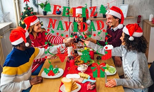 Miniatura 2 de Cartel de Feliz Navidad – Cartel de Navidad mexicana española, decoraciones de purpurina roja y verde para el hogar, mantel de fiesta (premontado)