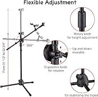 Vista 2 de AW Soporte de brazo de micrófono con clips de micrófono duales, trípode ajustable, soporte de teléfono para rendimiento, canto, boda, escenario y al
