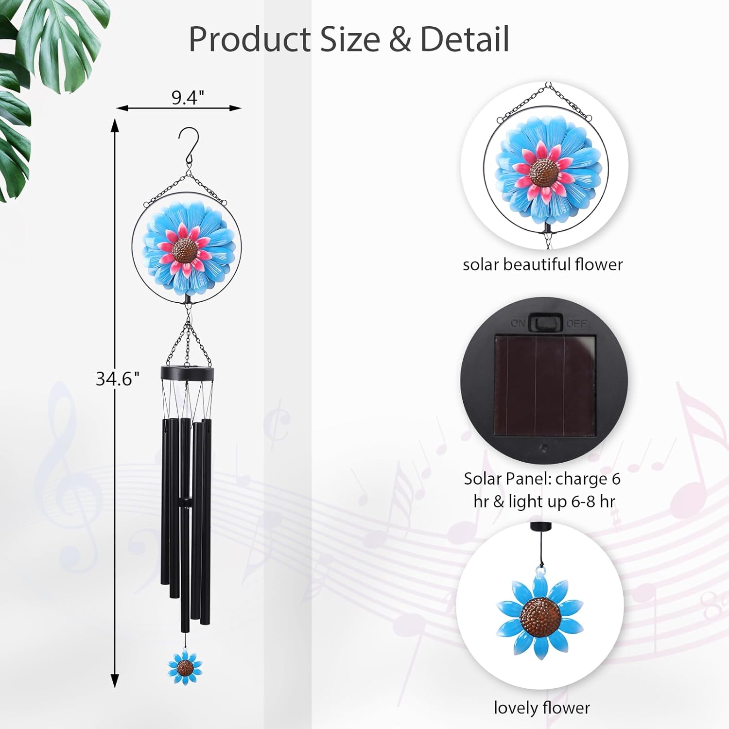 MUMTOP Solar Wind Chimes for Outside - Flower Deep Tone Wind Chimes Outdoor Unique, 41 Inch Windchimes Clearance for Garden, Patio,Yard Decor Gift - Image 4