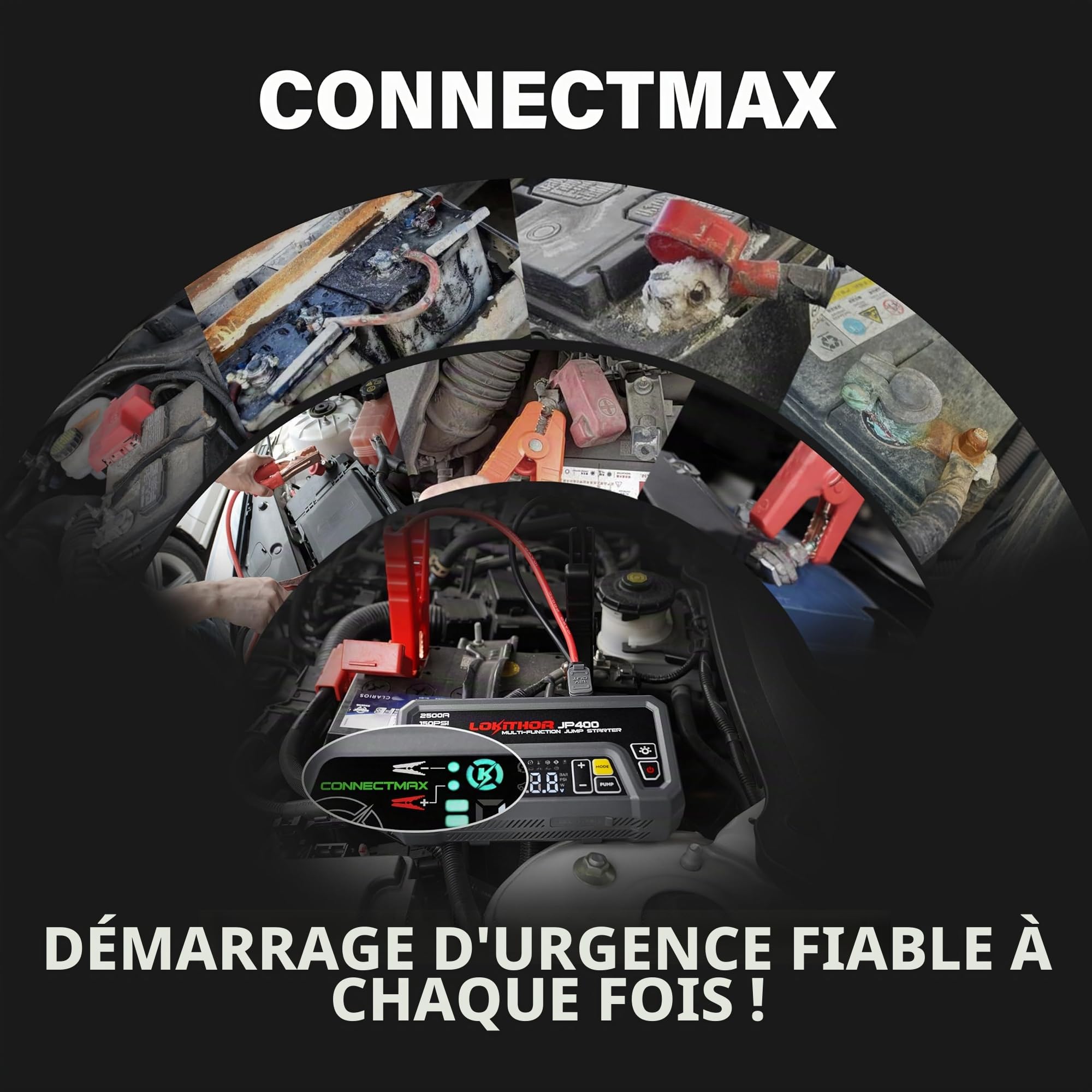 LOKITHOR JP400 Booster de Batterie Voiture avec Gonfleur 12V 2500A avec Compresseur d’Air 150 PSI, Démarreur de Batterie Voiture pour Moteurs Jusqu’à 8.5L Essence et 6.5L Diesel, Intégré, Lampe LED