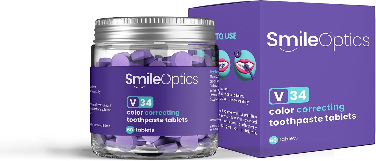 SmileOptics V34 Color Correcting Tablets, 60ct - Purple Toothpaste for Teeth Whitening - Fluoride-Free - Advanced Purple Teeth Whitening Solution with Easy-to-Use Toothpaste Tablets