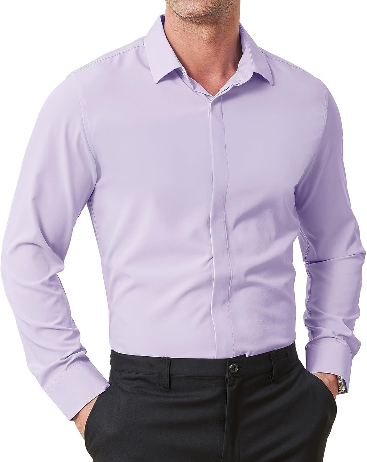 ZITY Mens Hidden Placket Dress Shirts Long Sleeve Button Down Shirt Business Casual Shirts