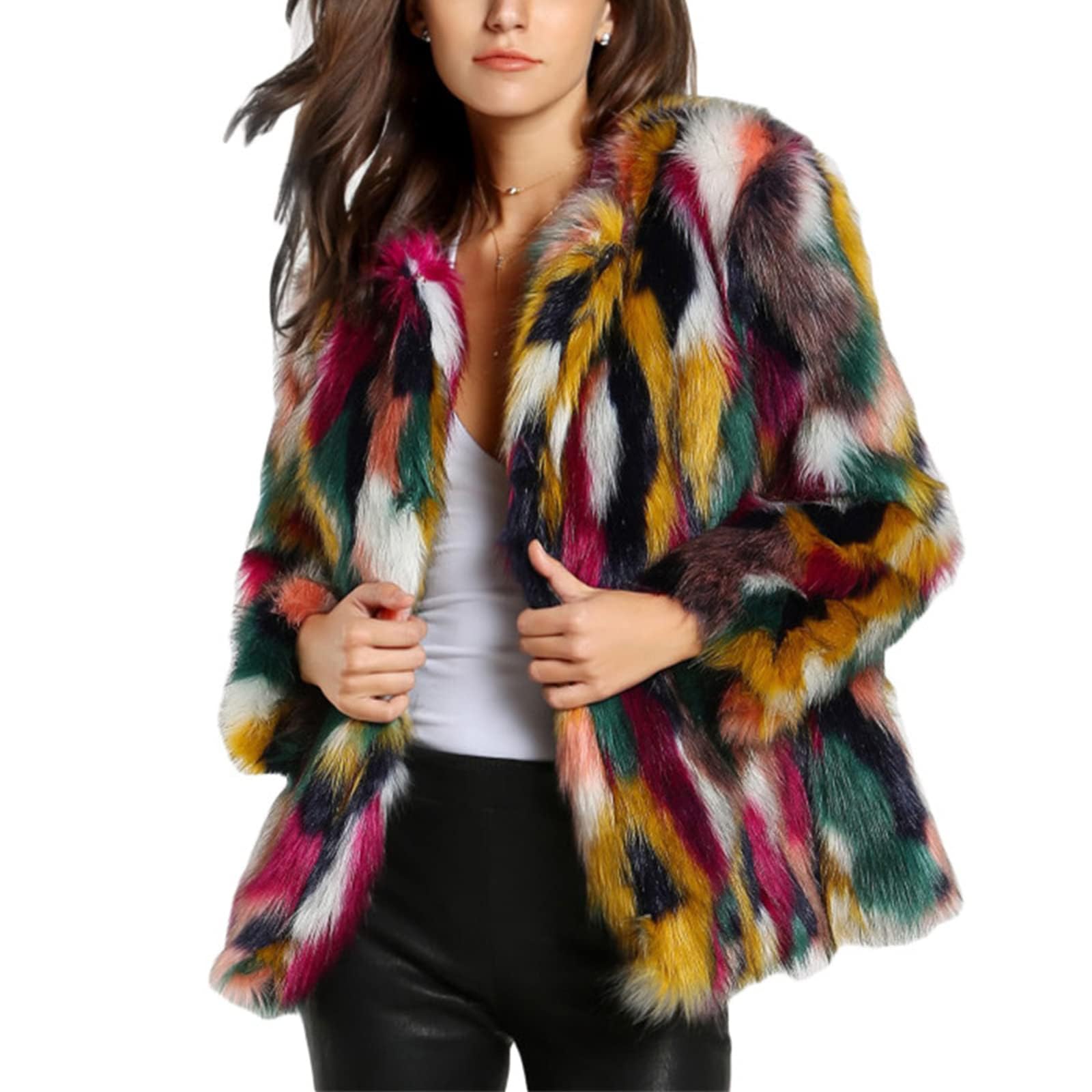 gihuo Women’s Multicolor Faux Fur Coat Winter Warm Gradient Color Outwear Jacket-picture-43