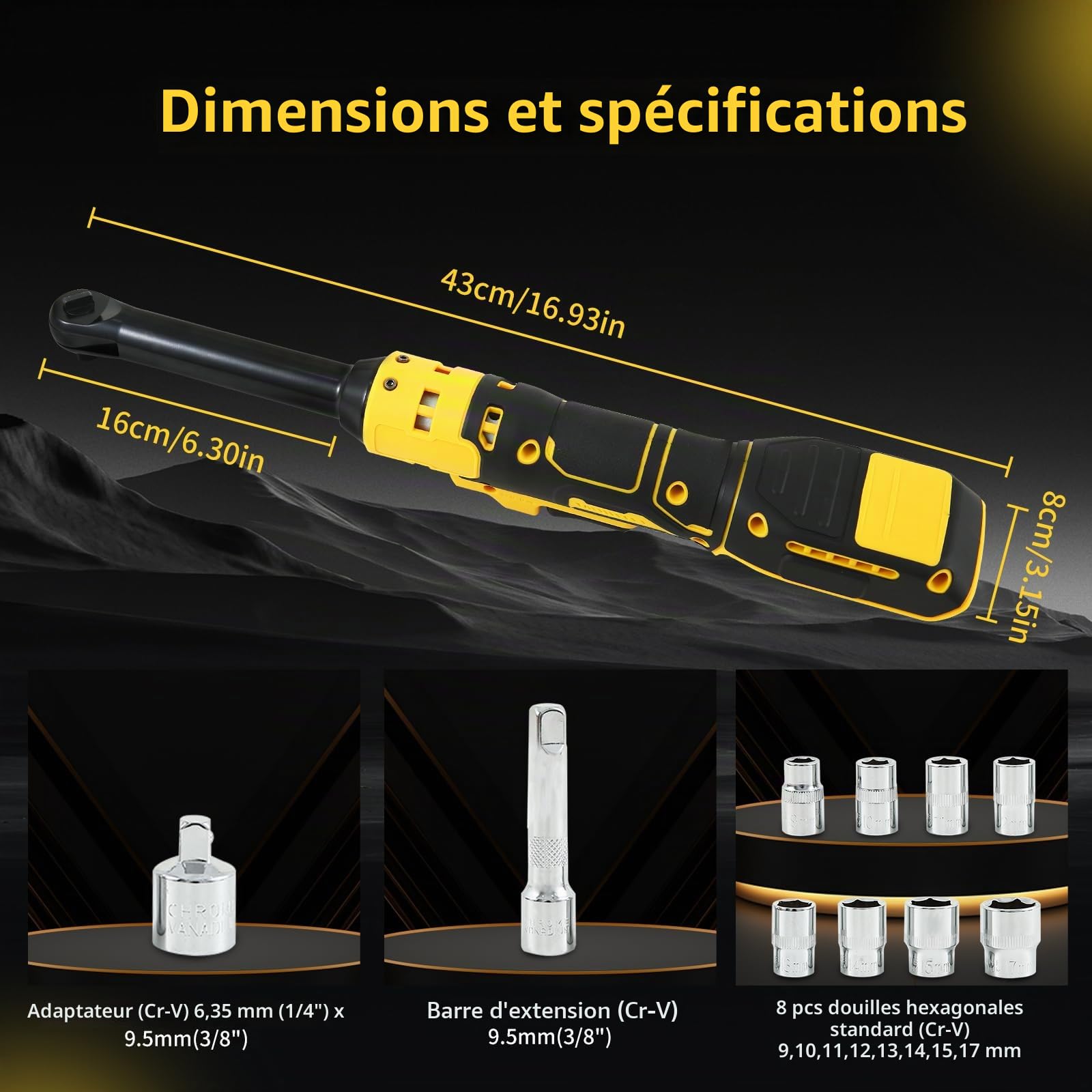 Clé à cliquet électrique sans fil étendue de 3/8" compatible avec batterie Dewalt 18 V 20 V, clé à cliquet 320 tr/min 80 N.m avec tête de 15,2 cm et lumière LED, avec 8 douilles et adaptateur 6,35 mm
