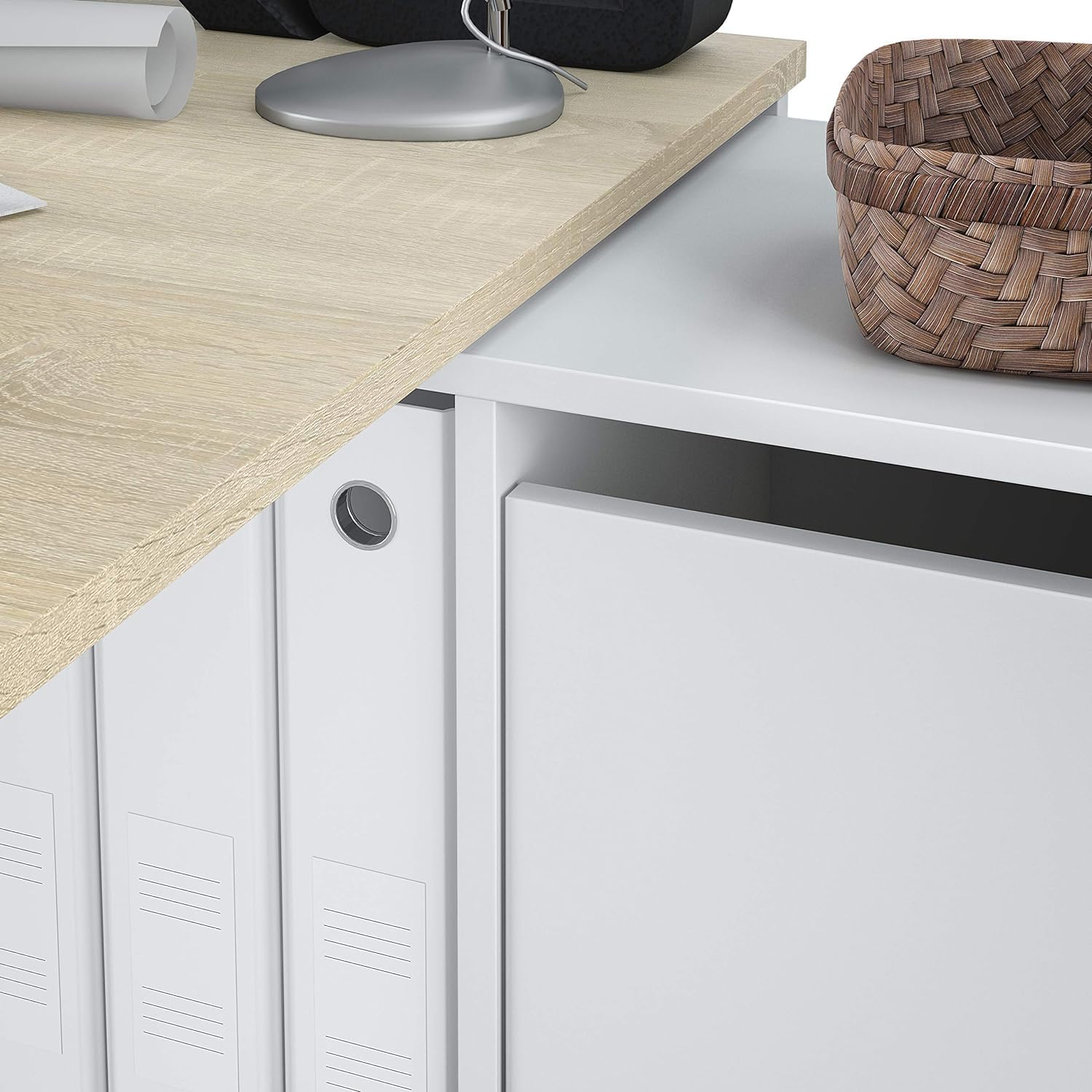 Habitdesign 0F4606A - Mesa Escritorio, Mueble de despacho, Modelo Adapta, Medidas: 74 x 120 x 77 cm, Color Blanco artik y Roble Canadian