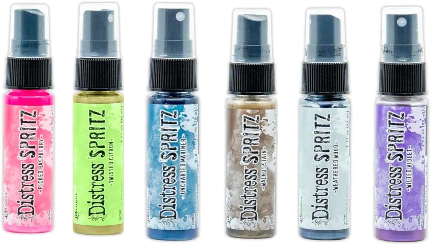 Ranger Ink Tim Holtz Distress Spritz Sprays - Set #1, Bundle of 12 Luminous Colors, 1 oz bottles, 1 Carnora Amber Bottle, June 2024 Release