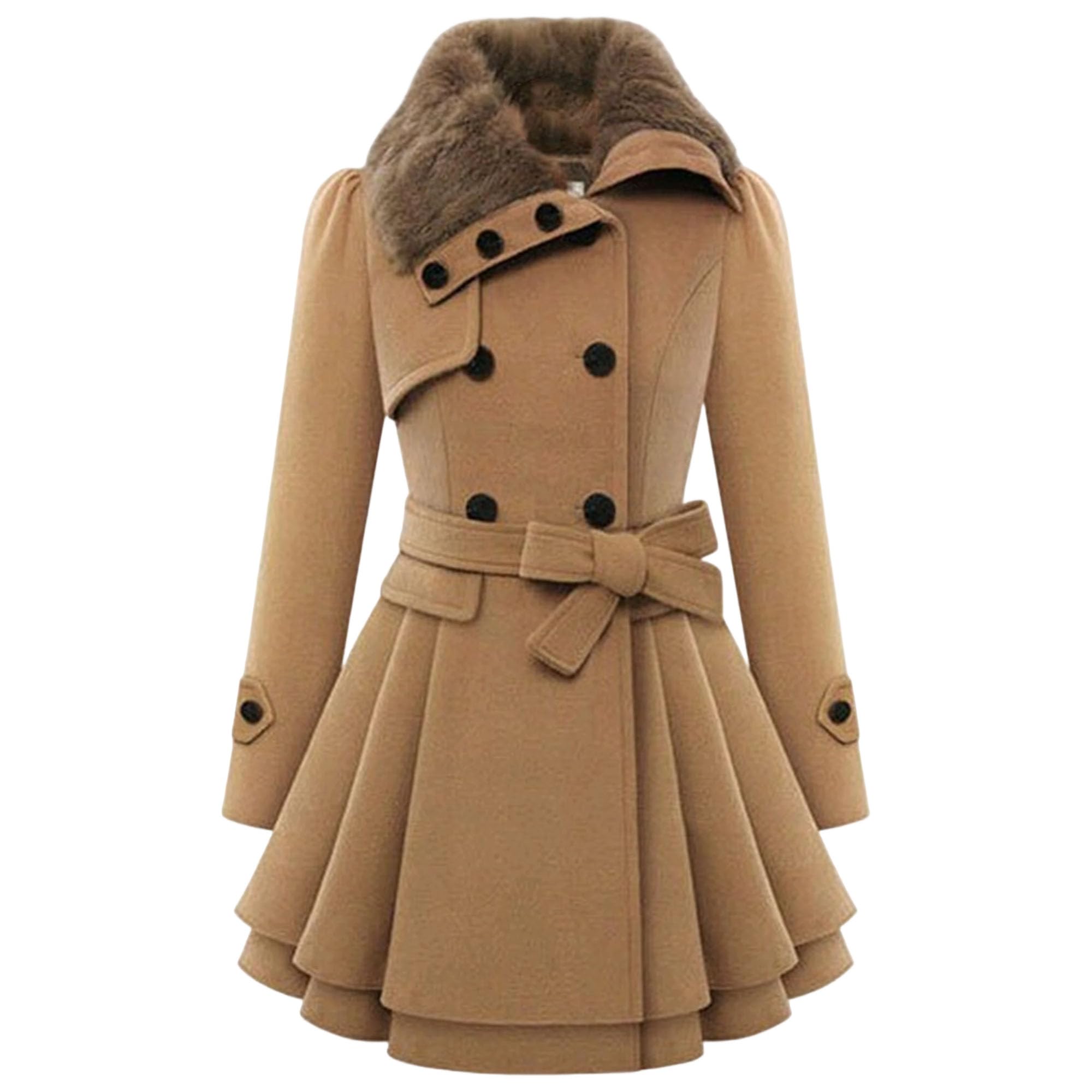 Cappotto da donna doppiopetto casual in finta lana con orlo svasato Trench Jacket con cintura invernale alla moda in finta pelliccia tweed soprabito