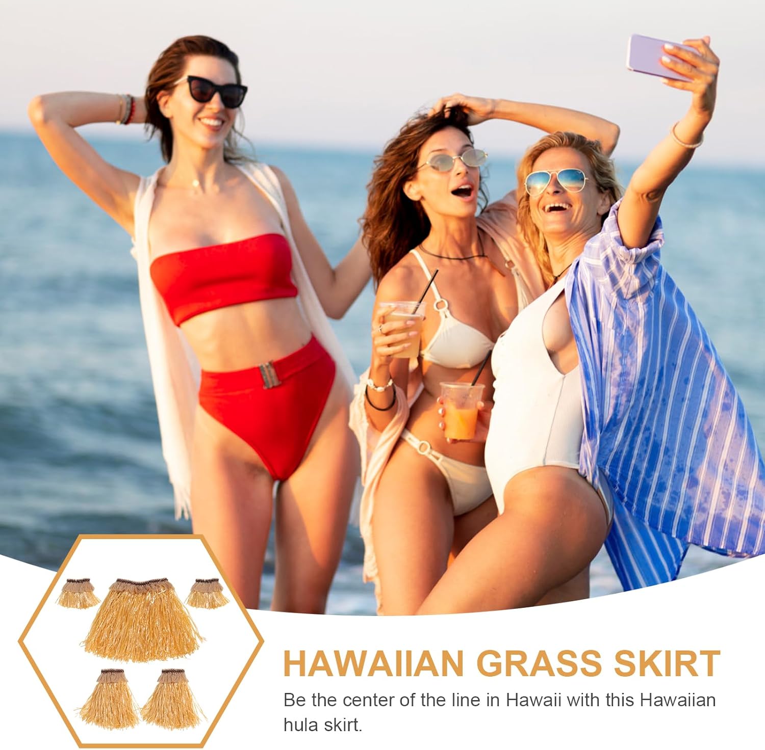 Hula Grass Skirt - Faux Leis Flower Hawaiian Elastic Skirt Golden Straw Color for Fancy Dress, Birthdays, Hawaii Party, Beach and Costume Parties - Image 9