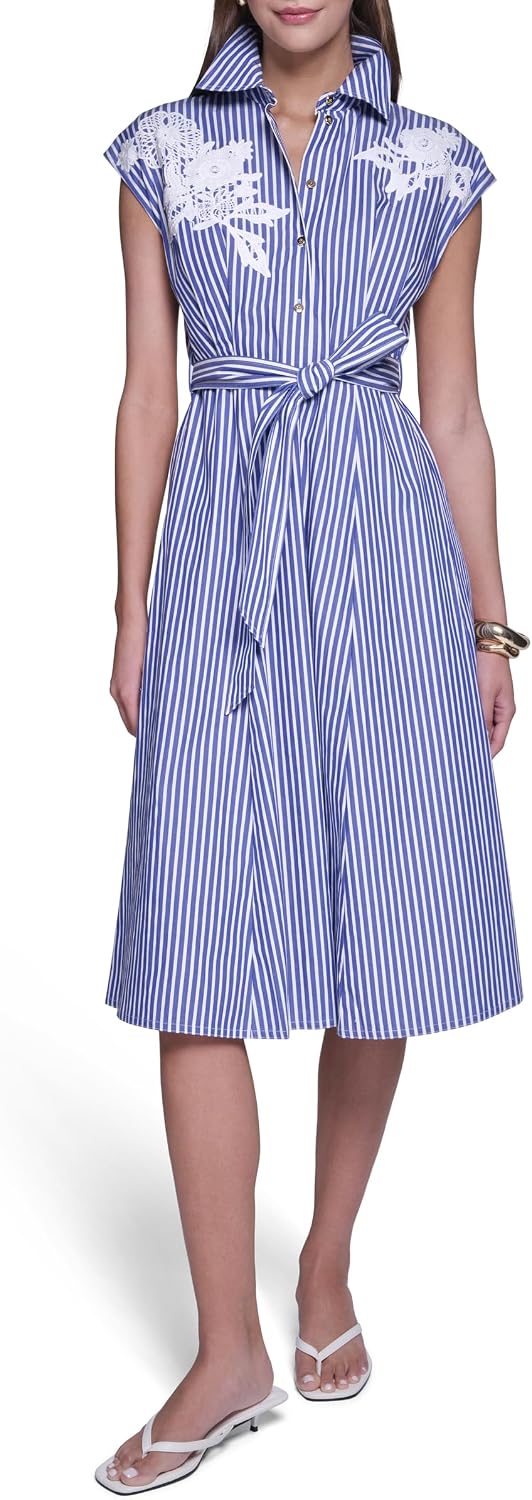 Halston Womens Cap Sleeve Midi Striped Shirt Dress with Floral Applique