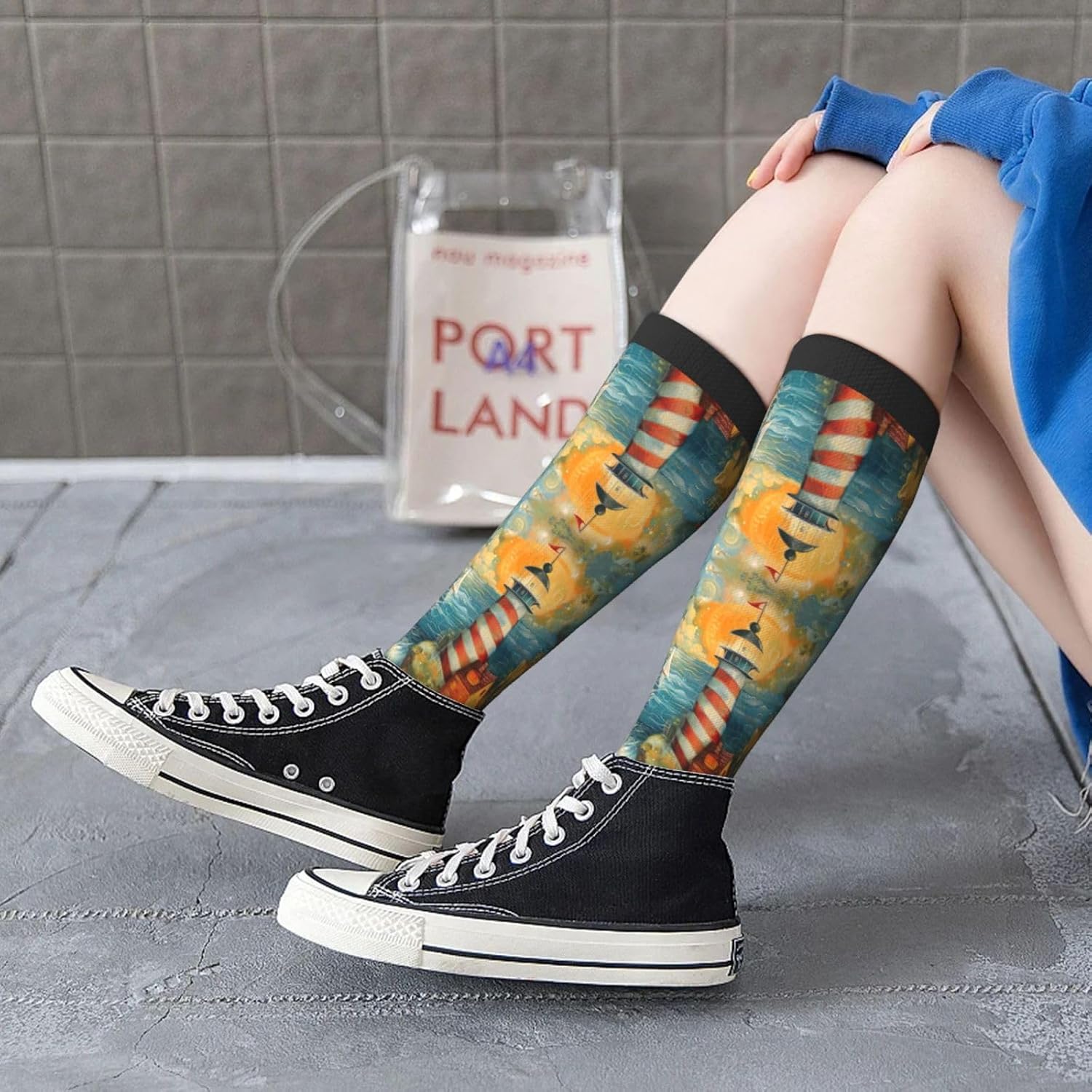 The Seaside Lighthouse Print Breathable Crew Neck Athletic High Socks,Suitable For Sports,Running,And Travel.