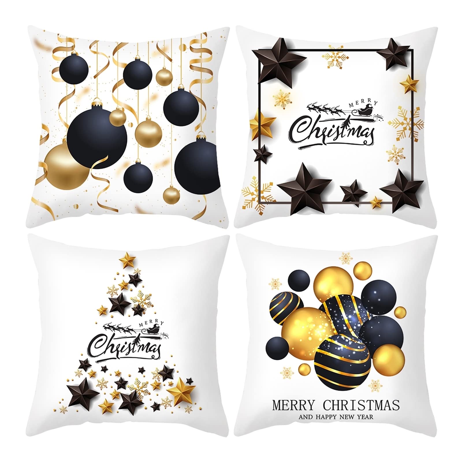 AMDXD Juego de 4 fundas de cojín navideñas de 50 x 50 cm, fundas de cojín decorativas con diseño de árbol de Navidad, estrellas, en poliéster, para sofá, dormitorio, decoración, negro, dorado, blanco,