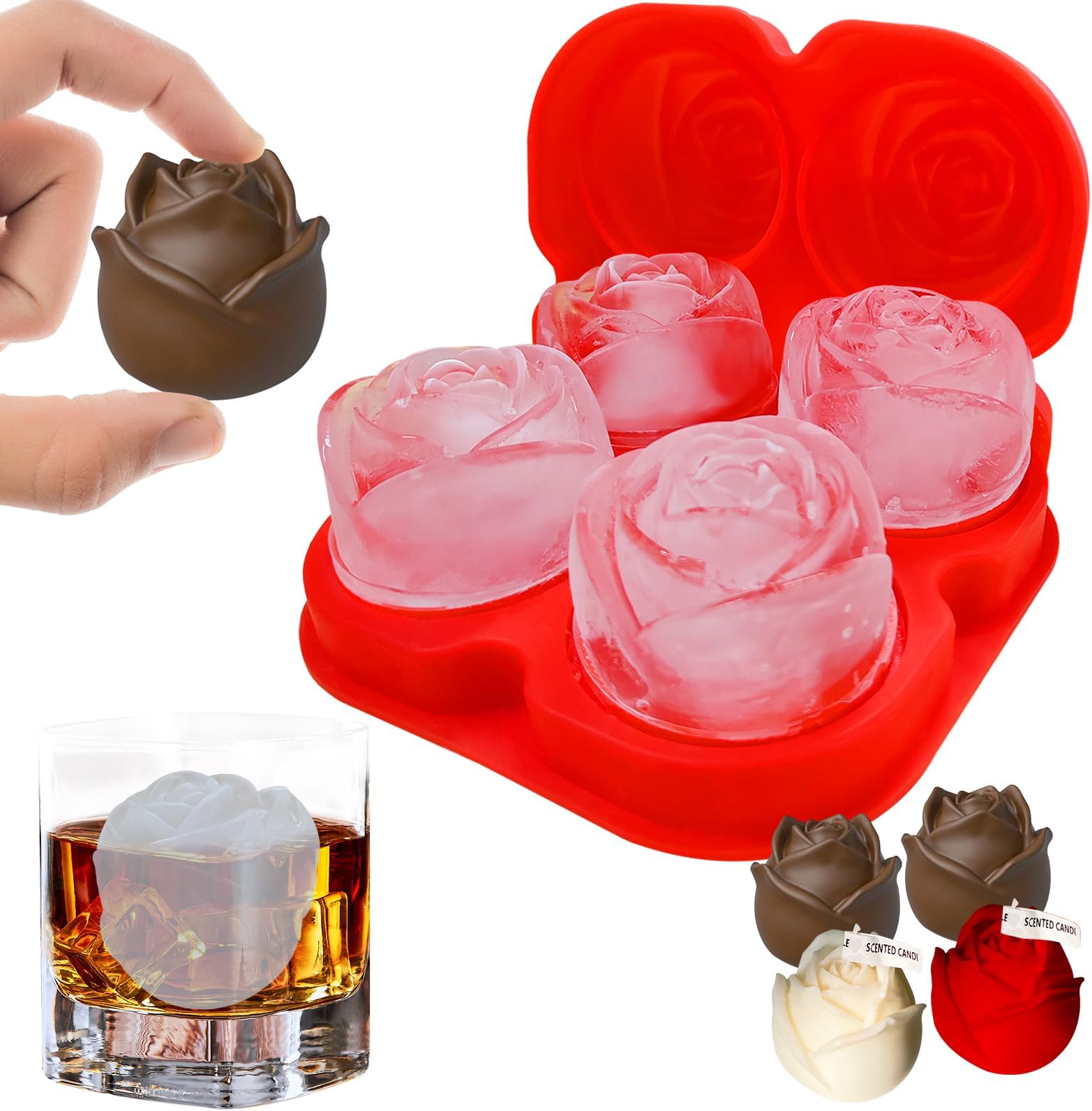 3D Rose Ice Cube Tray+ 1 Funnel,4 Cavity Silicone Rose Ice Cube Molds Easy Release,BPA-Free Silicone Ice Trays,for Cocktail,Brandy,Juice,Wine,Whiskey,Bourbon(Grey)