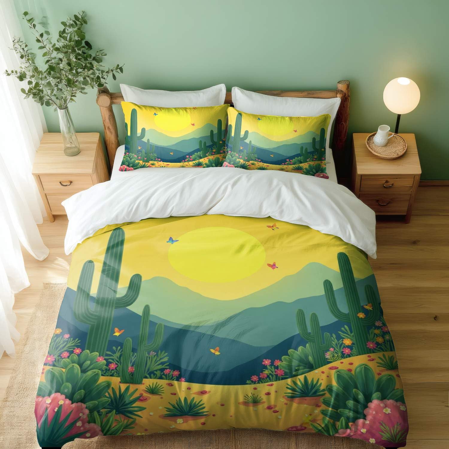Parure de lit king size décoration chambre à coucher ambiance nature cactus