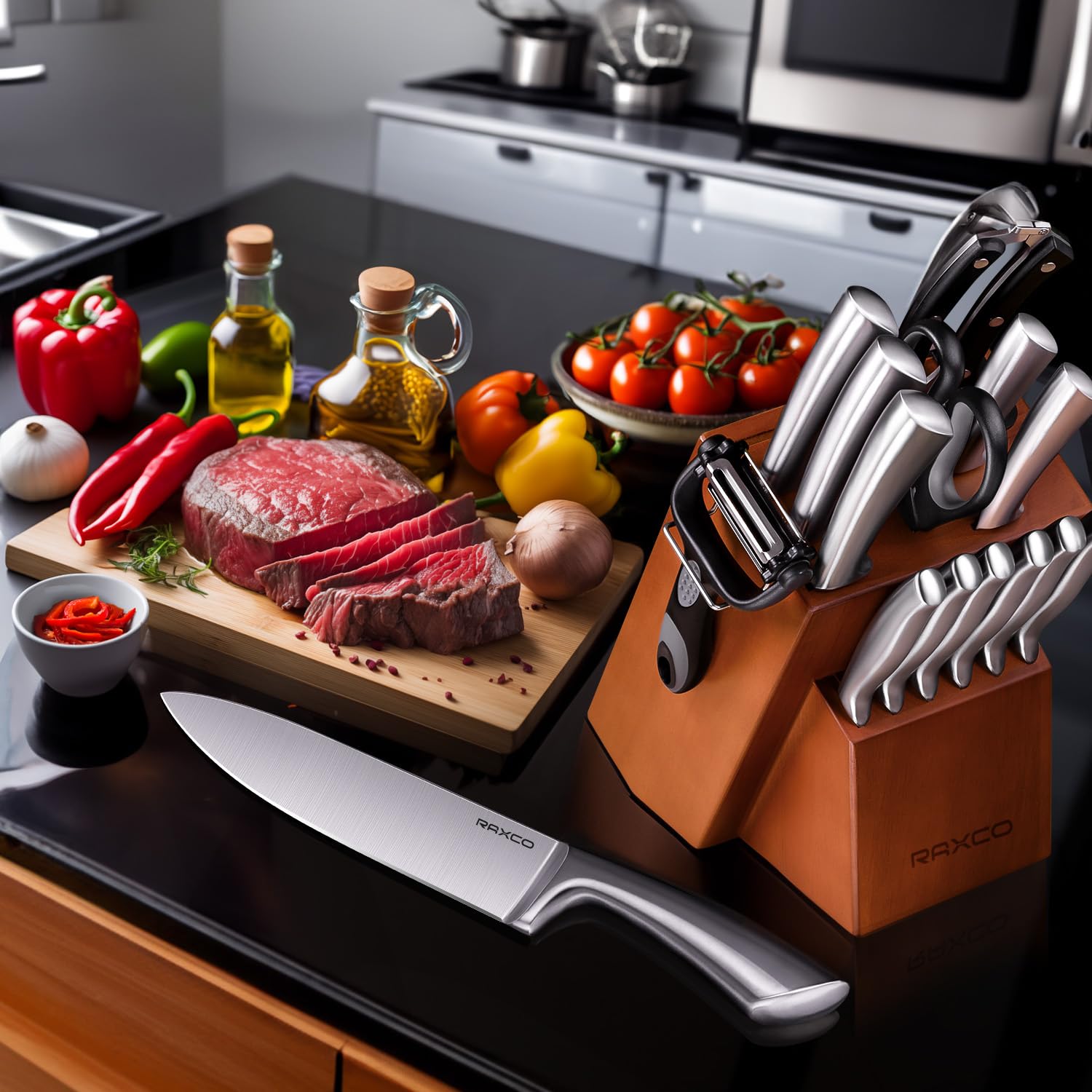 RAXCO Messerblock Set, 18-teiliges Edelstahl Küchenmesser Set - Steakmesser Set, Professionelle Küchenmesser Sets mit Block und Schärfer