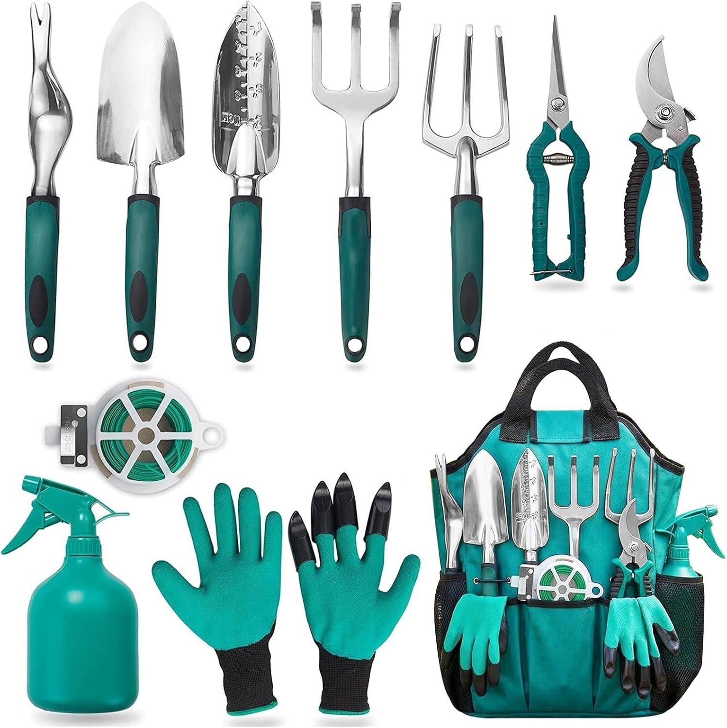 11-Piece Garden Tools Set with Ergonomic Non-Slip Handles & Storage Bag, Includes Garden Trowel, Sprayer, Pruner, Gardening Gloves – Aluminium Alloy Hand Tool Kit Gift for Gardeners