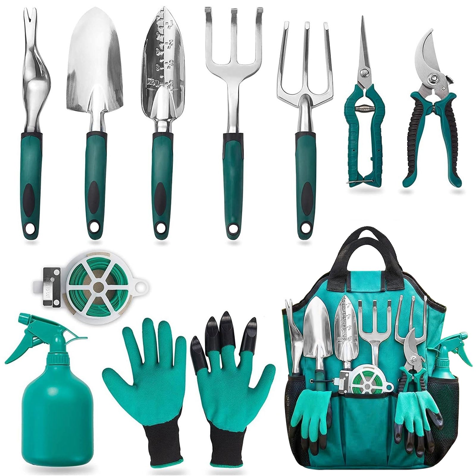 11-Piece Garden Tools Set with Ergonomic Non-Slip Handles & Storage Bag, Includes Garden Trowel, Sprayer, Pruner, Gardening Gloves - Aluminium Alloy Hand Tool Kit Gift for Gardeners