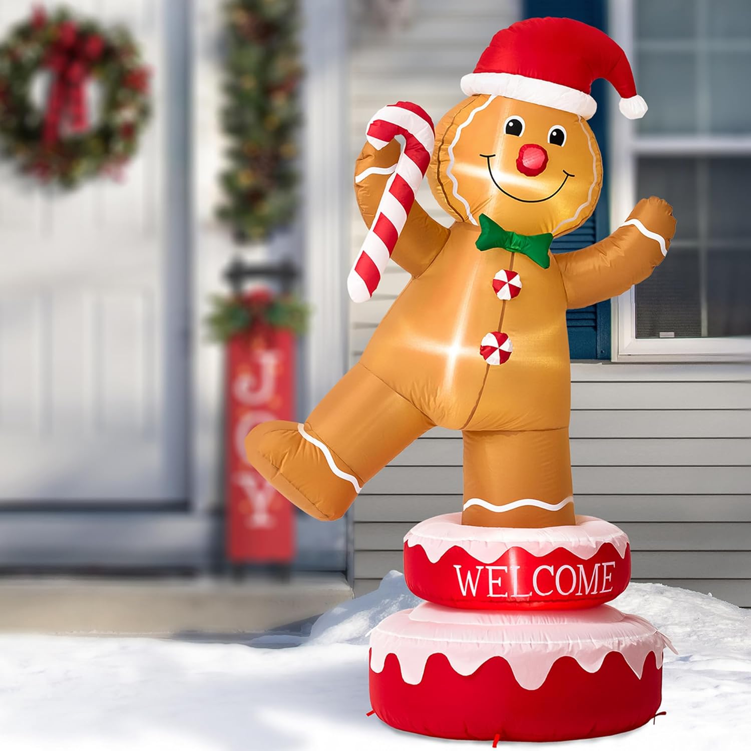 Glitzhome 6FT Inflatable Rotating Gingerbread Man with LED Lights, Christmas Yard Decoration with Candy Cane for Outdoor Indoor Xmas Party Decor