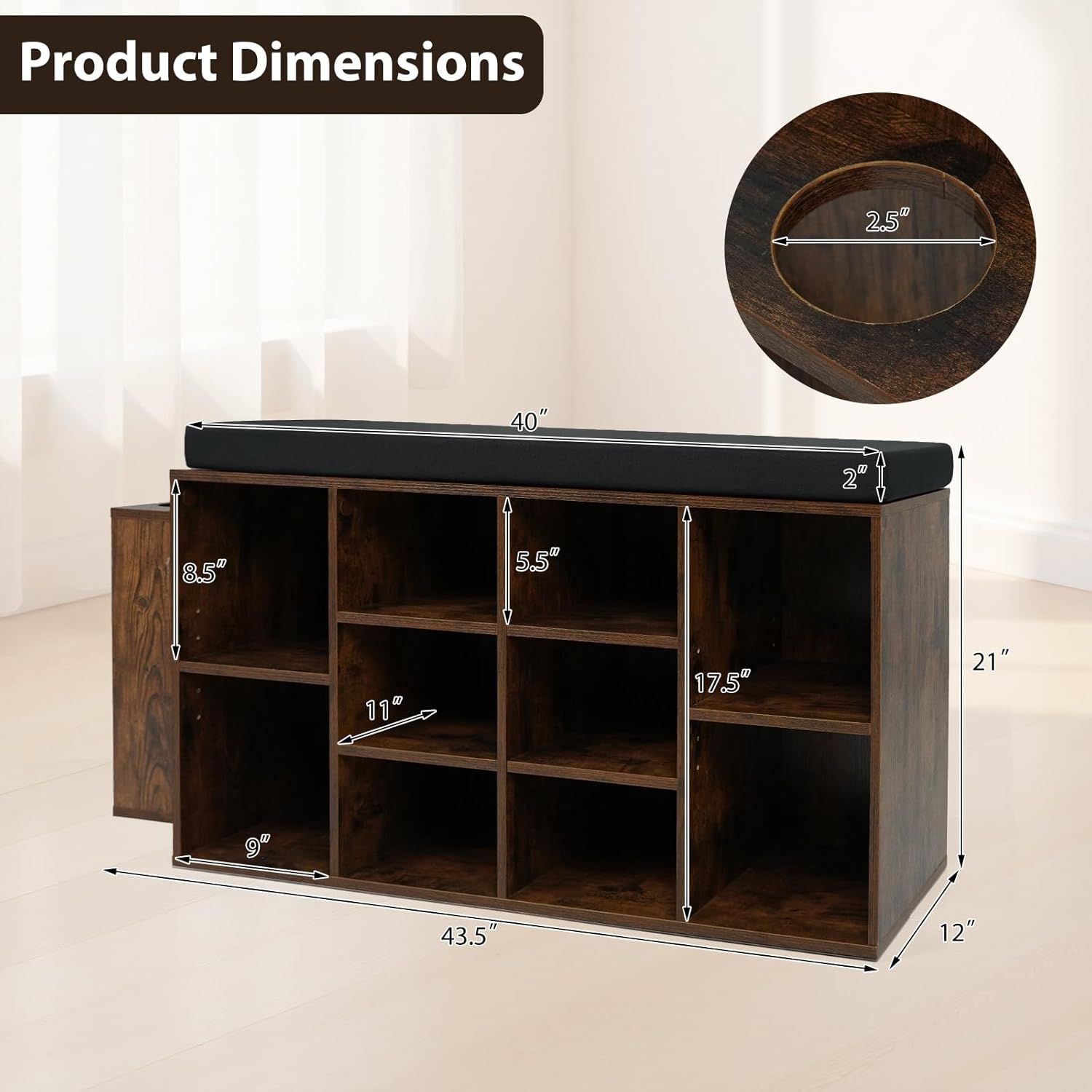 Tangkula Shoe Storage Bench with Umbrella Holder, 40" Shoe Organizer with Cushioned Seat, 10 Cubbies & Adjustable Shelves, Wooden Industrial Shoe Rack for Entryway, Living Room, Bedroom (Rustic Brown)