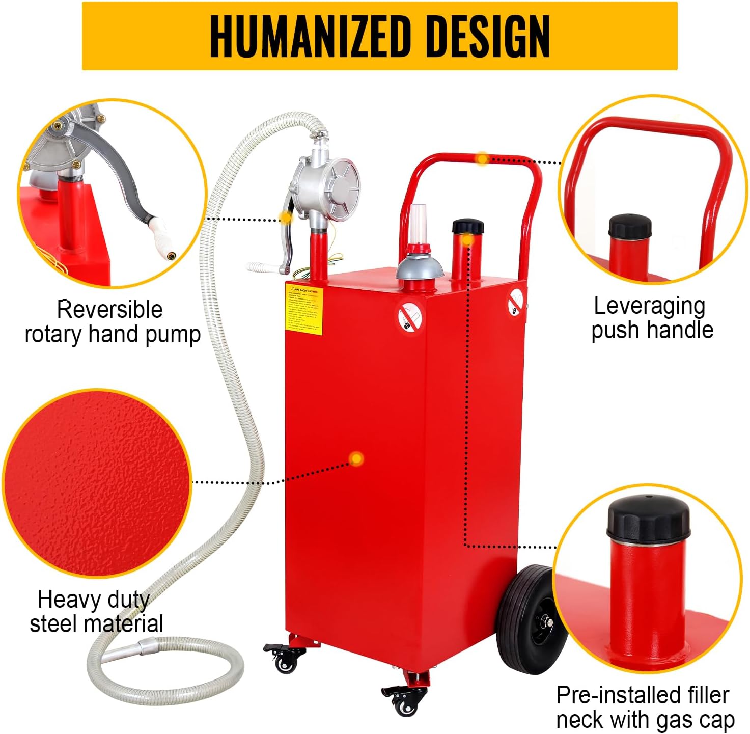 Gas Caddy 30 Gallon, Portable Fuel Storage Tank with 4 Wheels, Gasoline Diesel Can with Pump Rolling and Solid Rubber Wheels for Cars Lawnmowers ATVs Boats Motorcycles Red