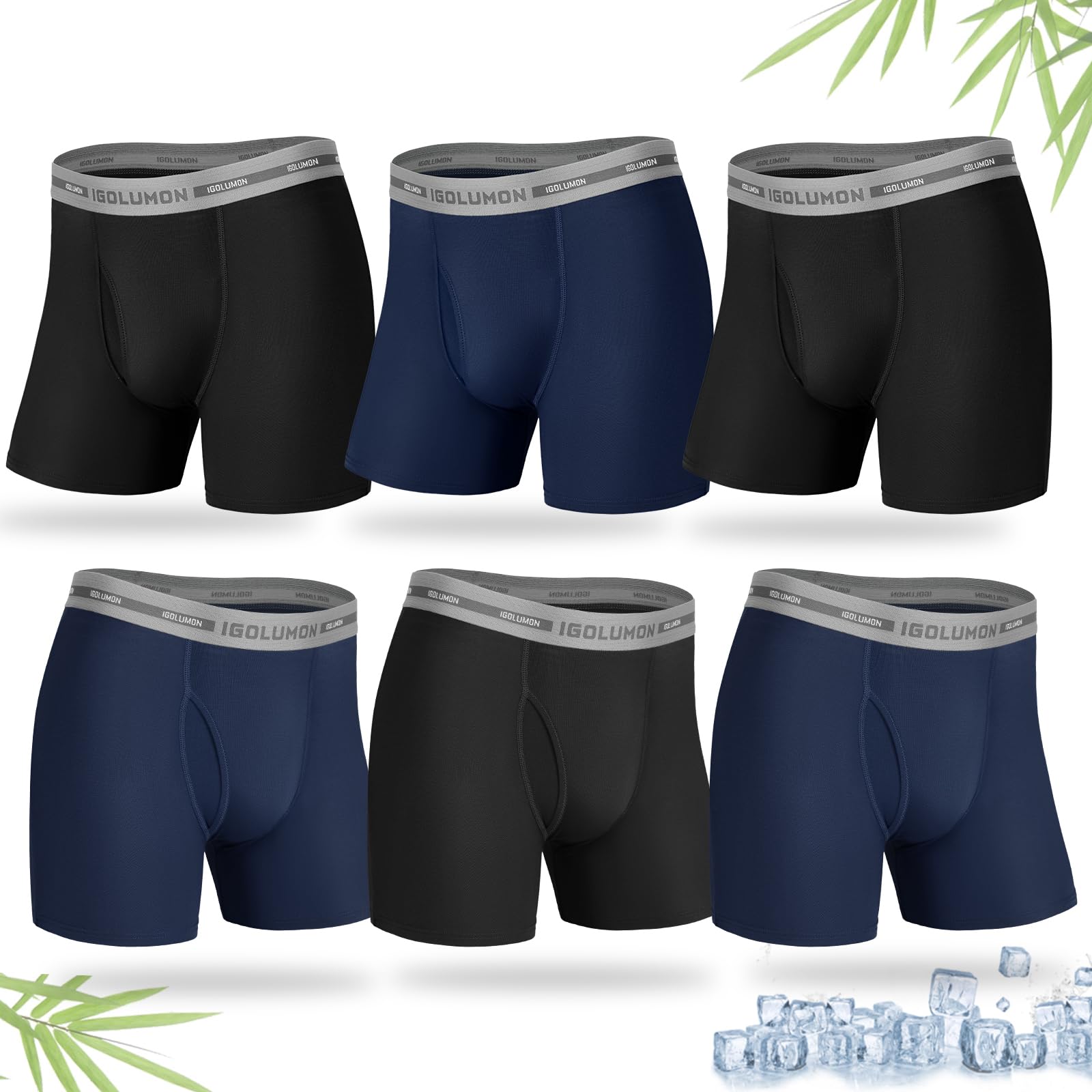 IGOLUMON Mens Underwear, 6 Pack Men's Boxer Briefs Soft Bamboo Rayon Boxers for Men Breathable Underwear Trunks with Fly