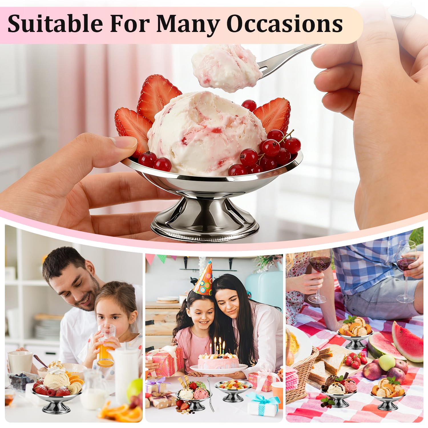 Tissting Ciotole per gelato con forchetta, coppe da dessert in acciaio inossidabile set da 4, ciotole da portata in metallo per budino, insalata e gelato, stoviglie da per uso domestico (10CM)