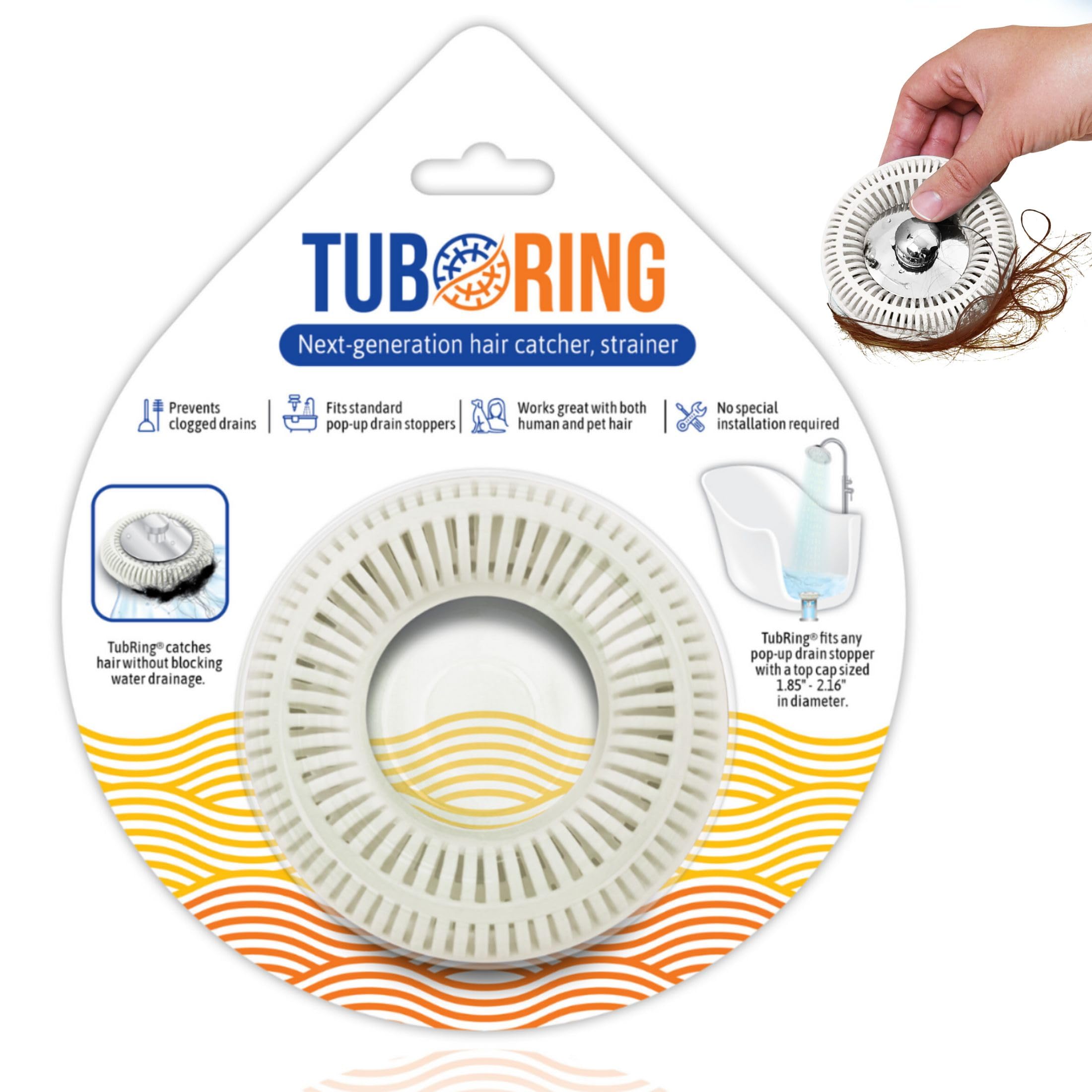 Hair Catcher for Shower Drain & Bathtub – TubRing Pop-Up Drain Protection & Strainer, Reusable Silicone Stopper for Bathroom Clogs, Fits 1.85" - 2.17" Drains | White