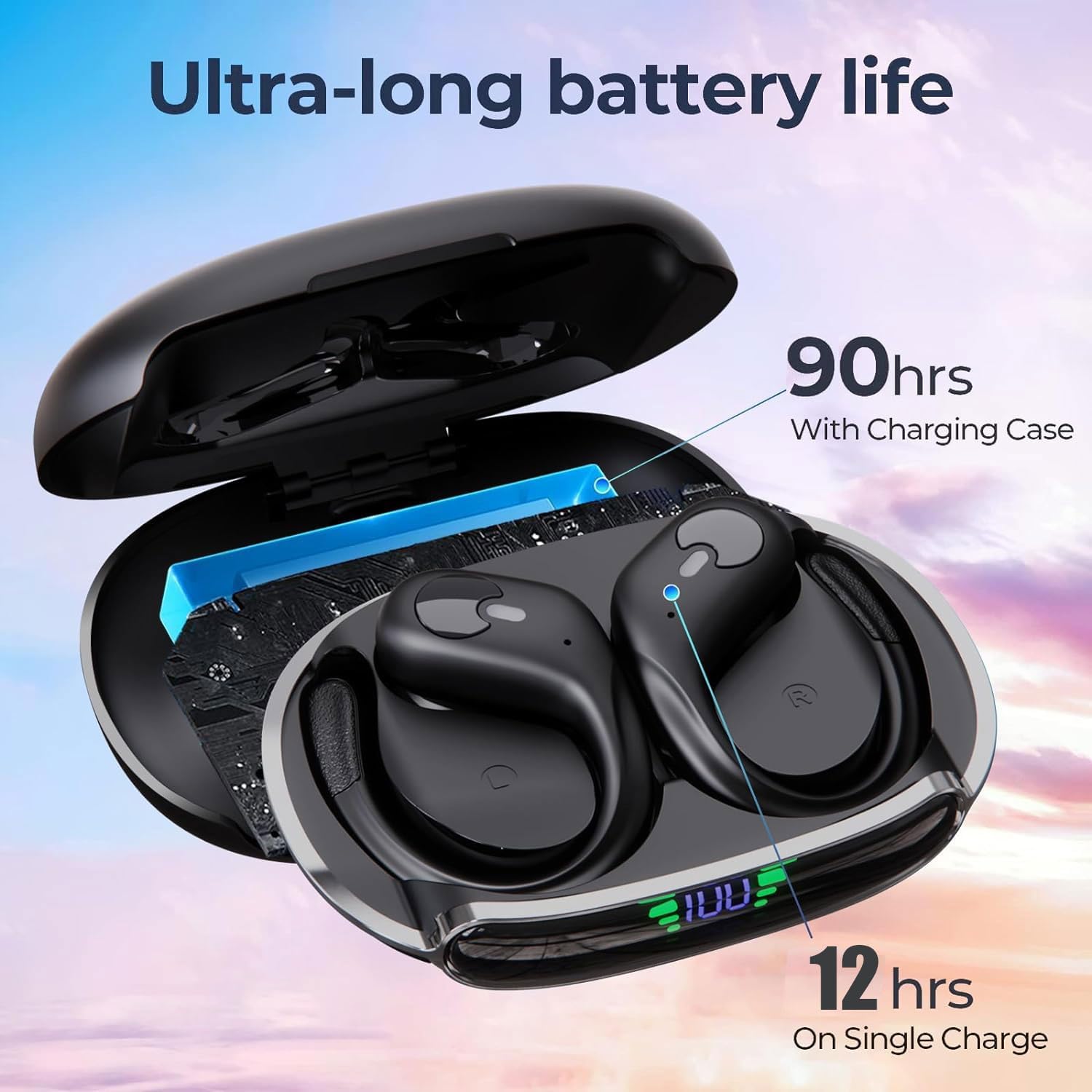 Wireless Earbuds Bluetooth 5.3,Headphones 90Hrs Playtime,IPX7 Waterproof,Power Display,Sport ear buds with Wireless Charging Case,Bass Over Ear Earphones with Mic for running Workout Gym (Black)