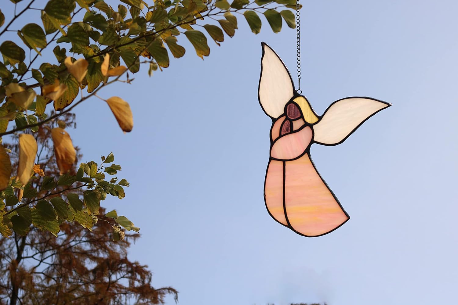 HAOSUM Angel Ornament Stained Glass Window Hangings Suncatcher Tiffany Style Handcrafted Remembrance,Angel Gifts for Women(Pink) 5.5"×5.5” : Home & Kitchen