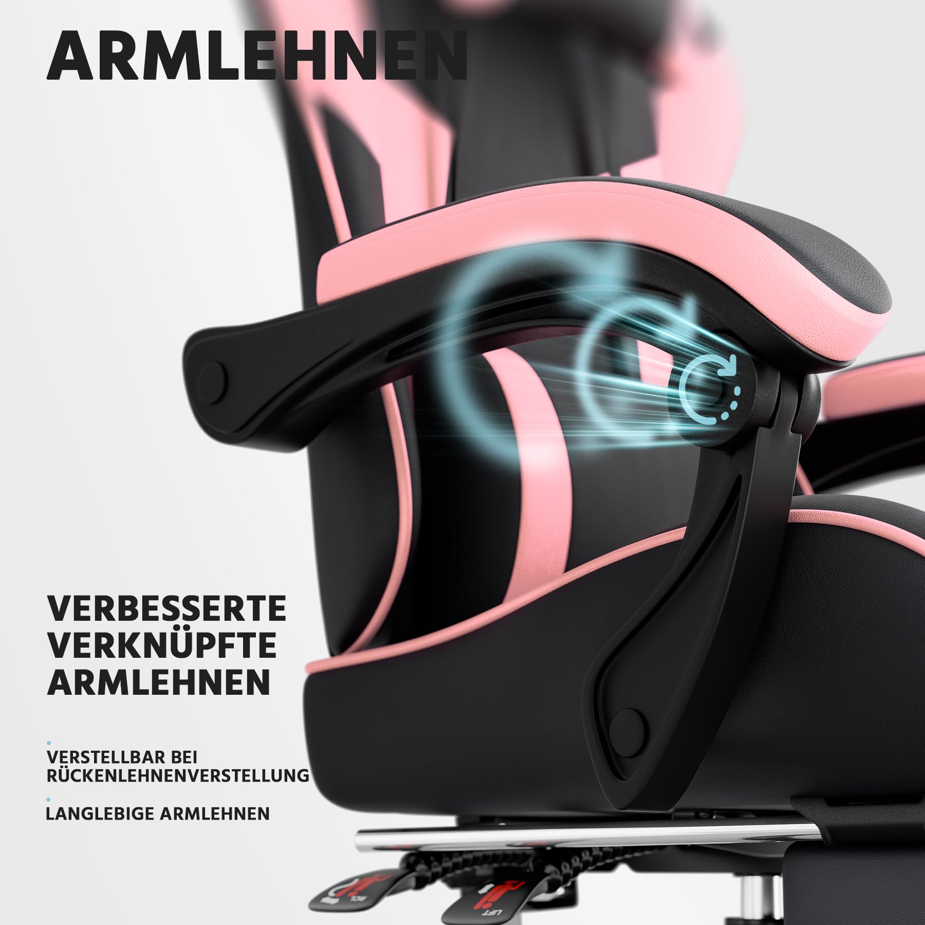 Silla para videojuegos, ergonómica con reposapiés, silla de gaming, reposabrazos ajustables, silla de oficina ergonómica con soporte lumbar, negro/gris (negro-rosa)