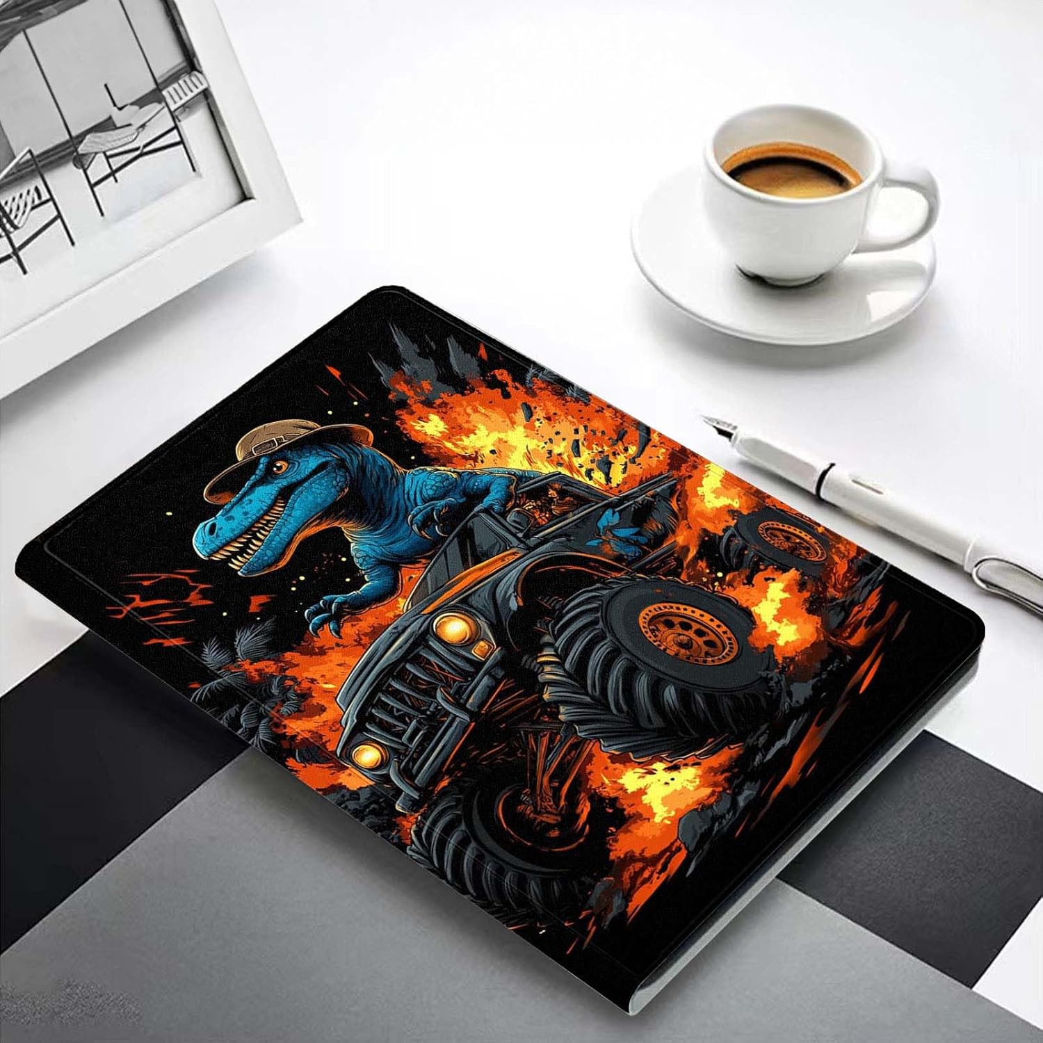 Case for iPad (A16) 11th Generation 11 Inch 2025/iPad 10th Generation 10.9 inch 2022,Slim PU Leather Cover Adjustable Stand Auto Wake/Sleep,Dinosaur in Monster Truck