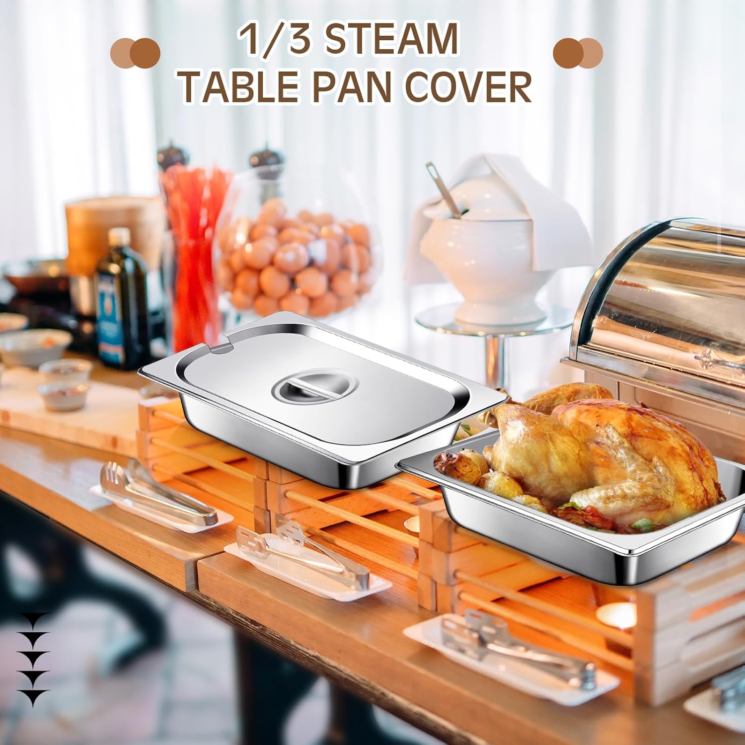 Bokon 6 Pack 1/3 Steam Table Pan Covers Stainless Steel Hotel Pan Lid with Handle Catering Food Pan Cover Slotted Notched Universal - Image 5